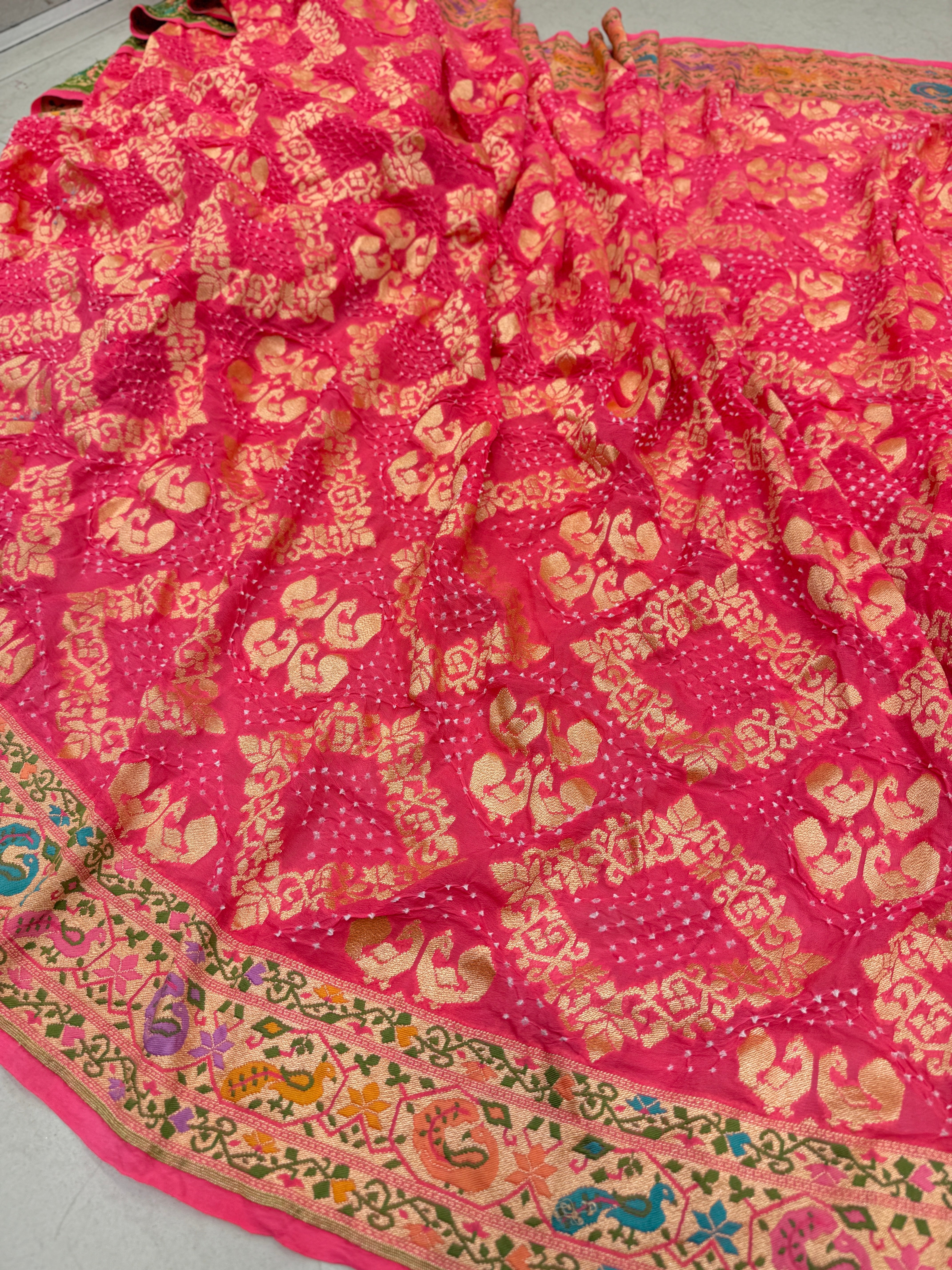 Peach Meenakari Rai Peacock Parrot Theme Bandhej Saree