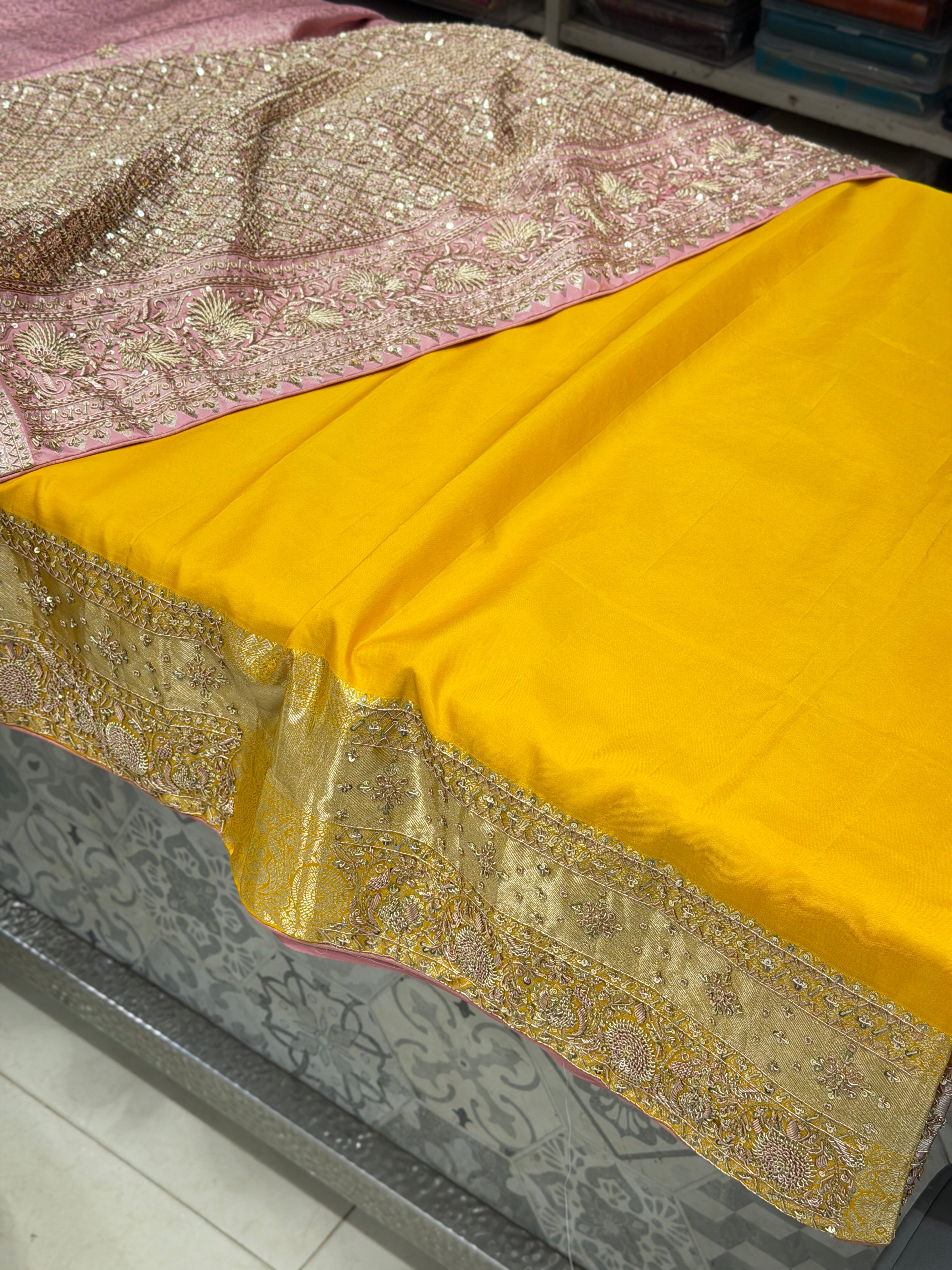 Pink Contrast Blouse Kanjivaram Zardosi Hand Embroidery Saree