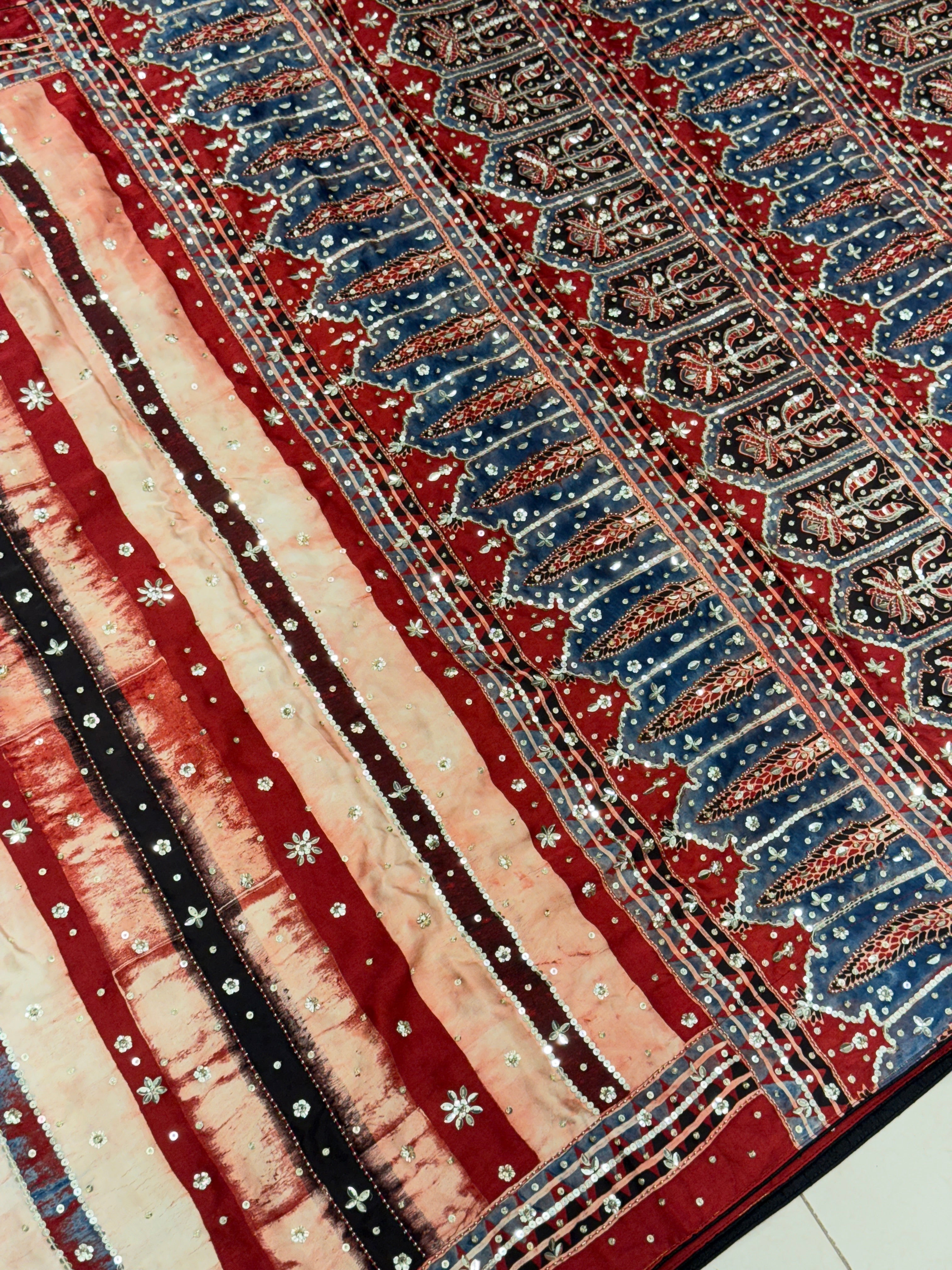 Ajrakh Hand Embroidery Sequin Saree Contemporary