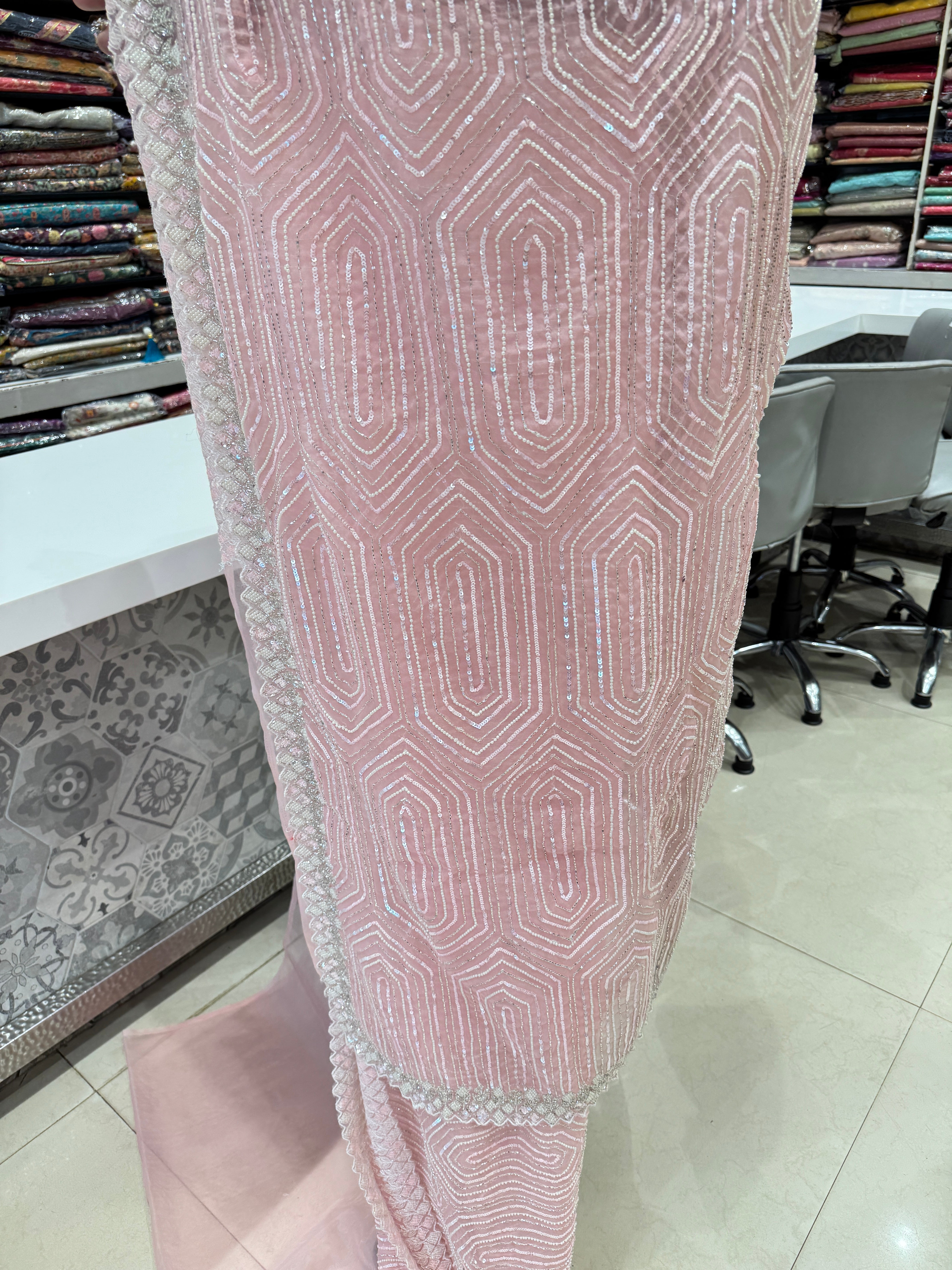 Pink Organza Moti Sequin Embroidery Saree
