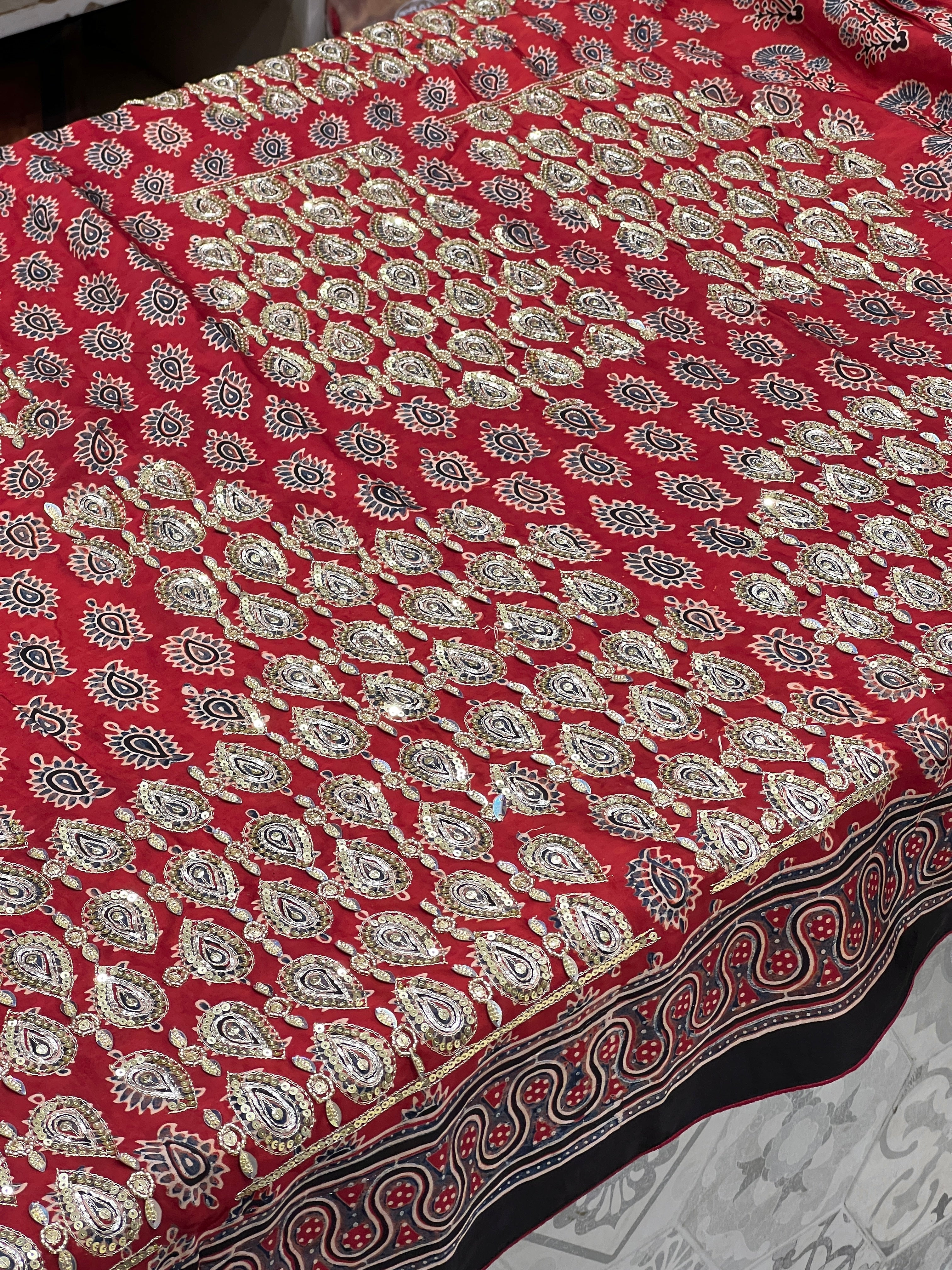 Red Buttis Pita Zardosi Sequin Ajrakh Hand Embroidery Saree