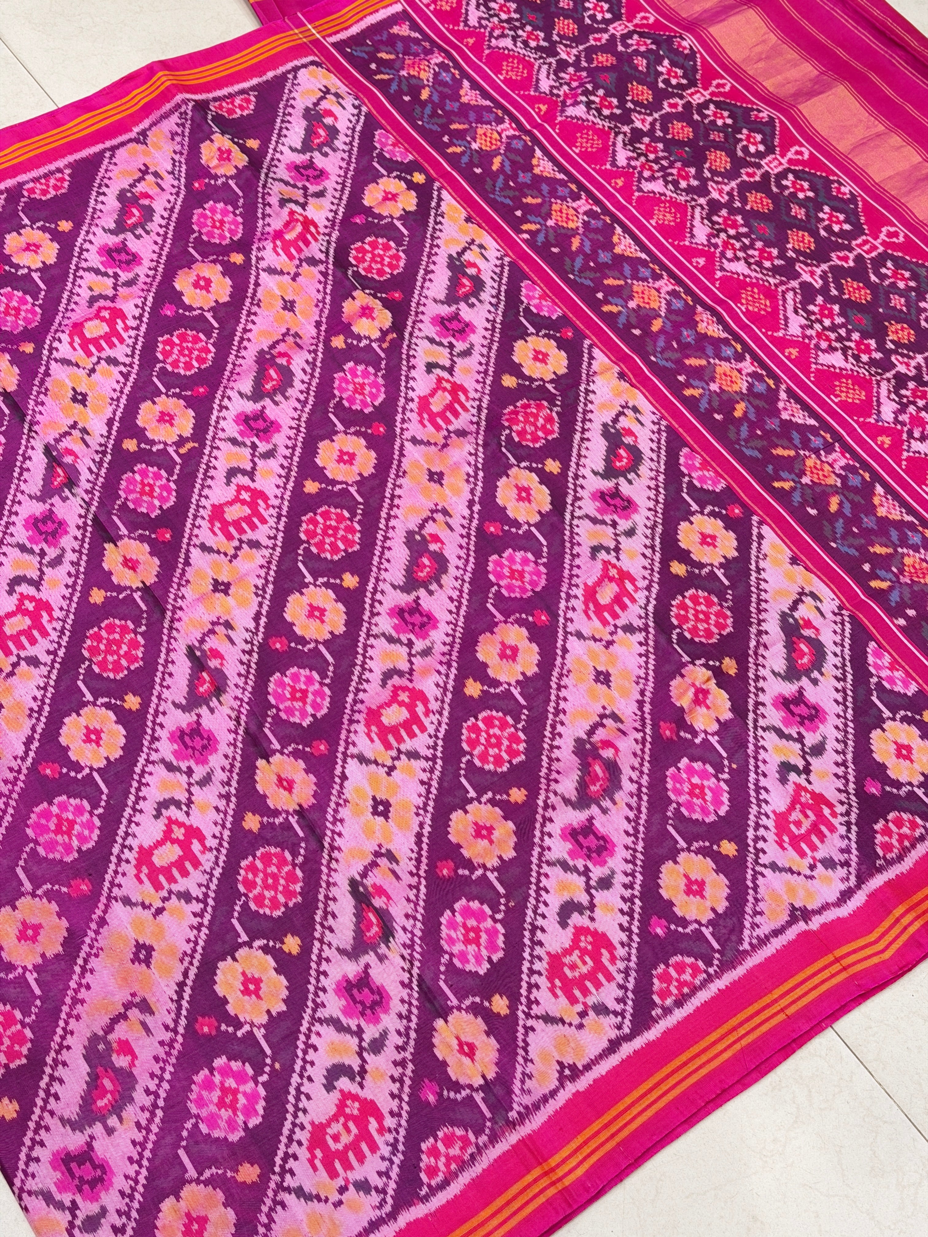 Contemporary Floral Elephant Handloom Rajot Ikat Patola Silk Saree
