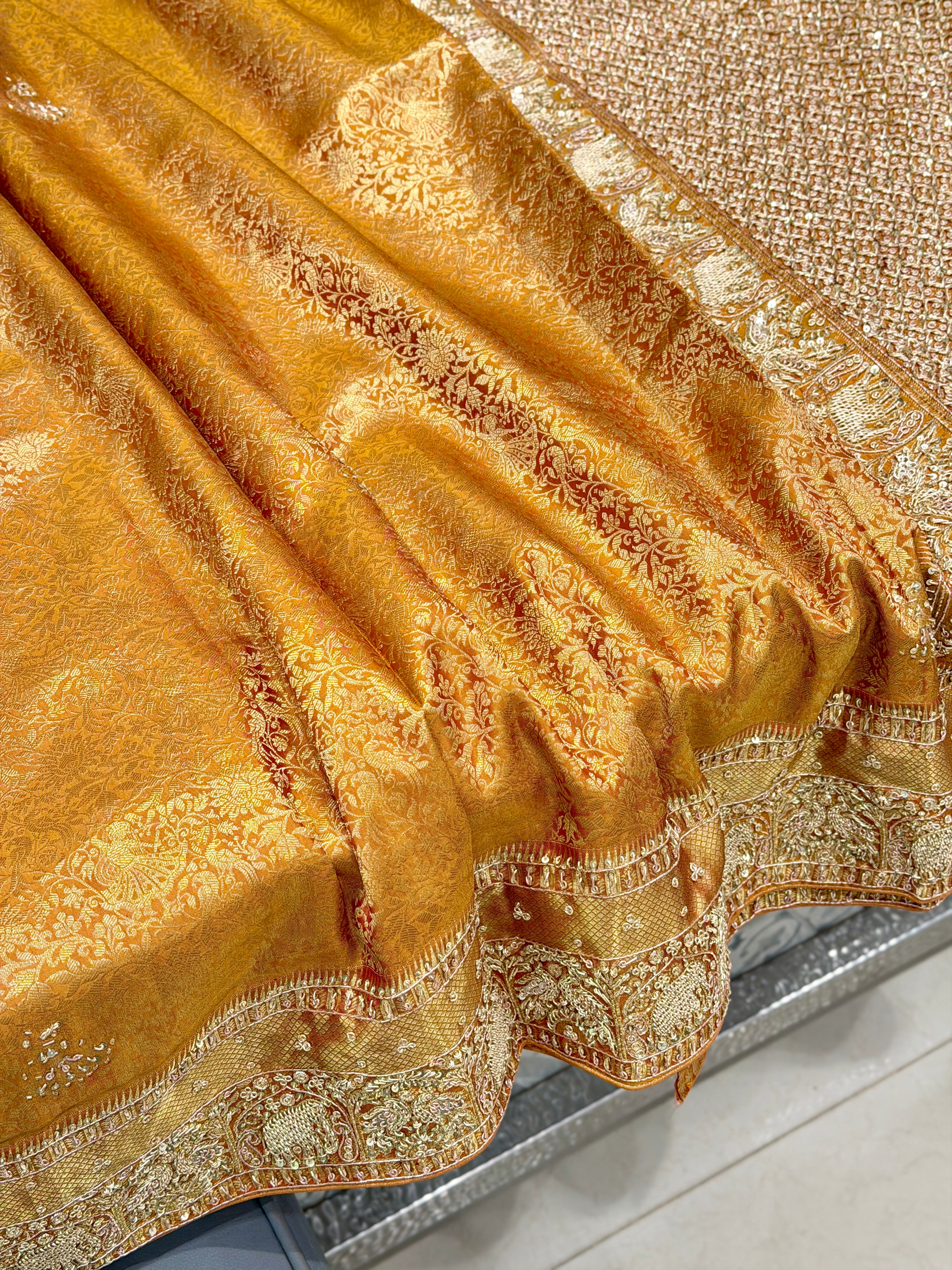 Mustard Yellow Kanjivaram Peacock Motif Hand Embroidery Zardosi Saree