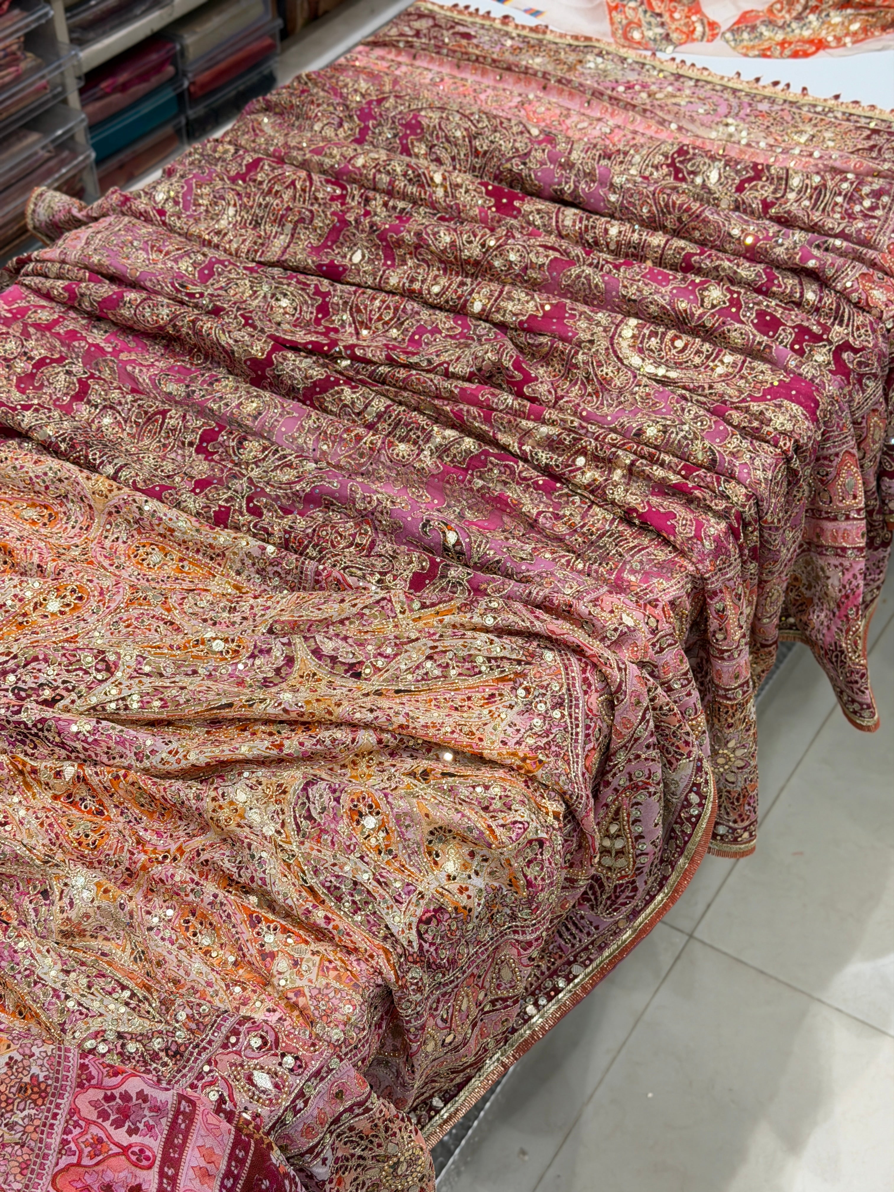 Pink Kashida Keri TT inspired Banarasi Crepe Hand Embroidery Saree