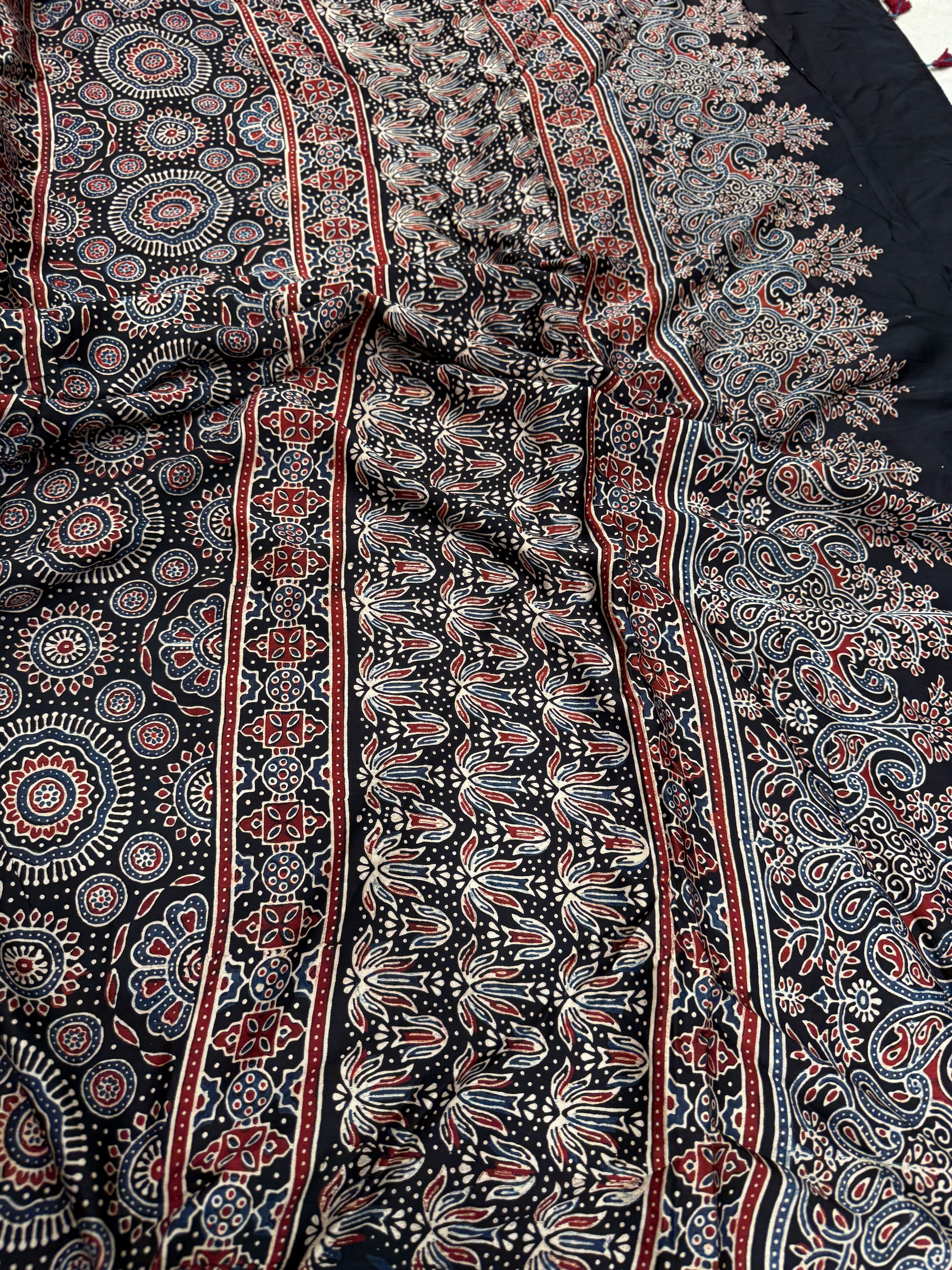 Black Contemporary Buttis Ajrakh Block Print Hand Pure Gajji Silk Saree