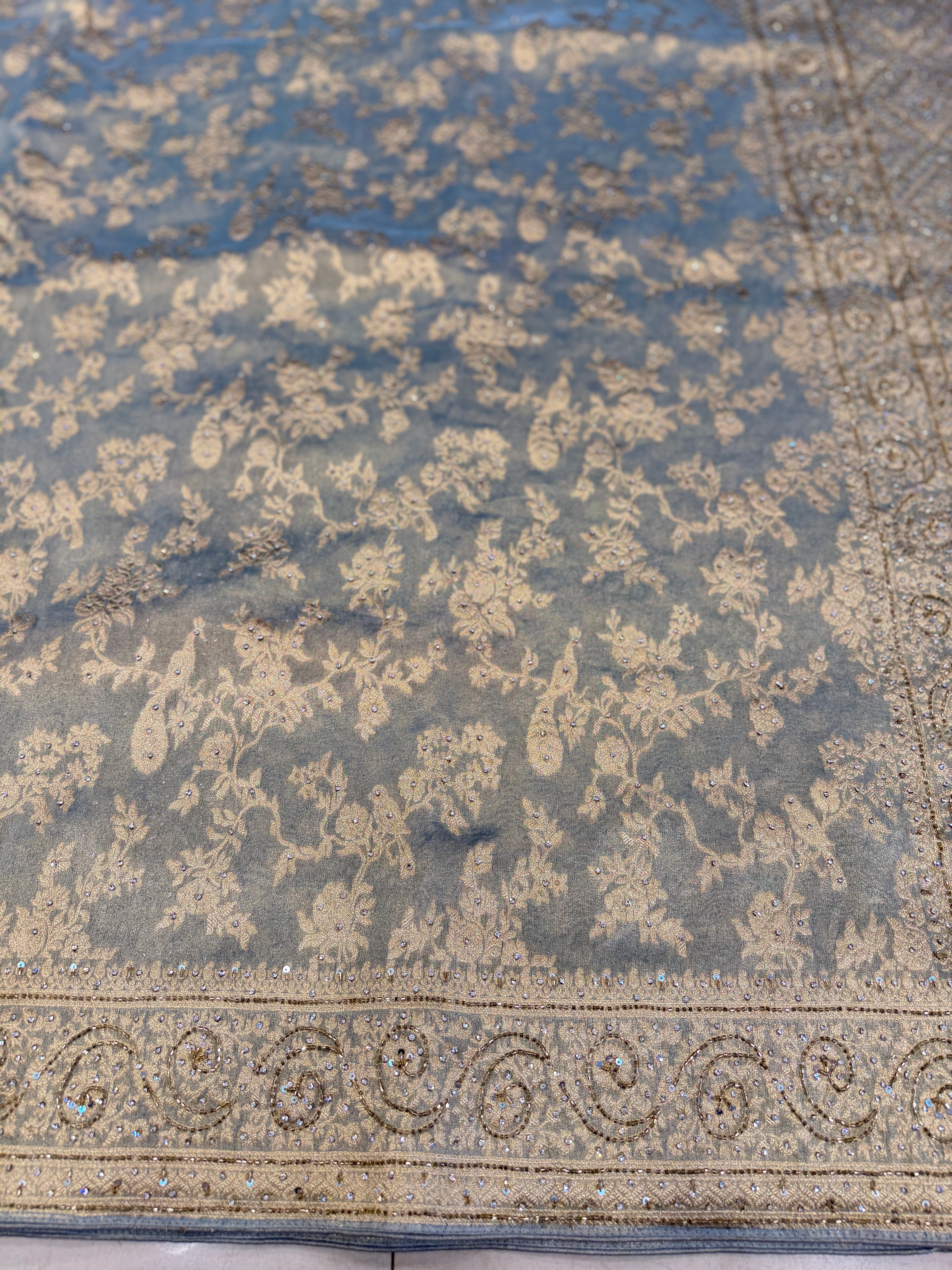 Space Blue Tissue Jaal Stone Hand Embroidery Saree