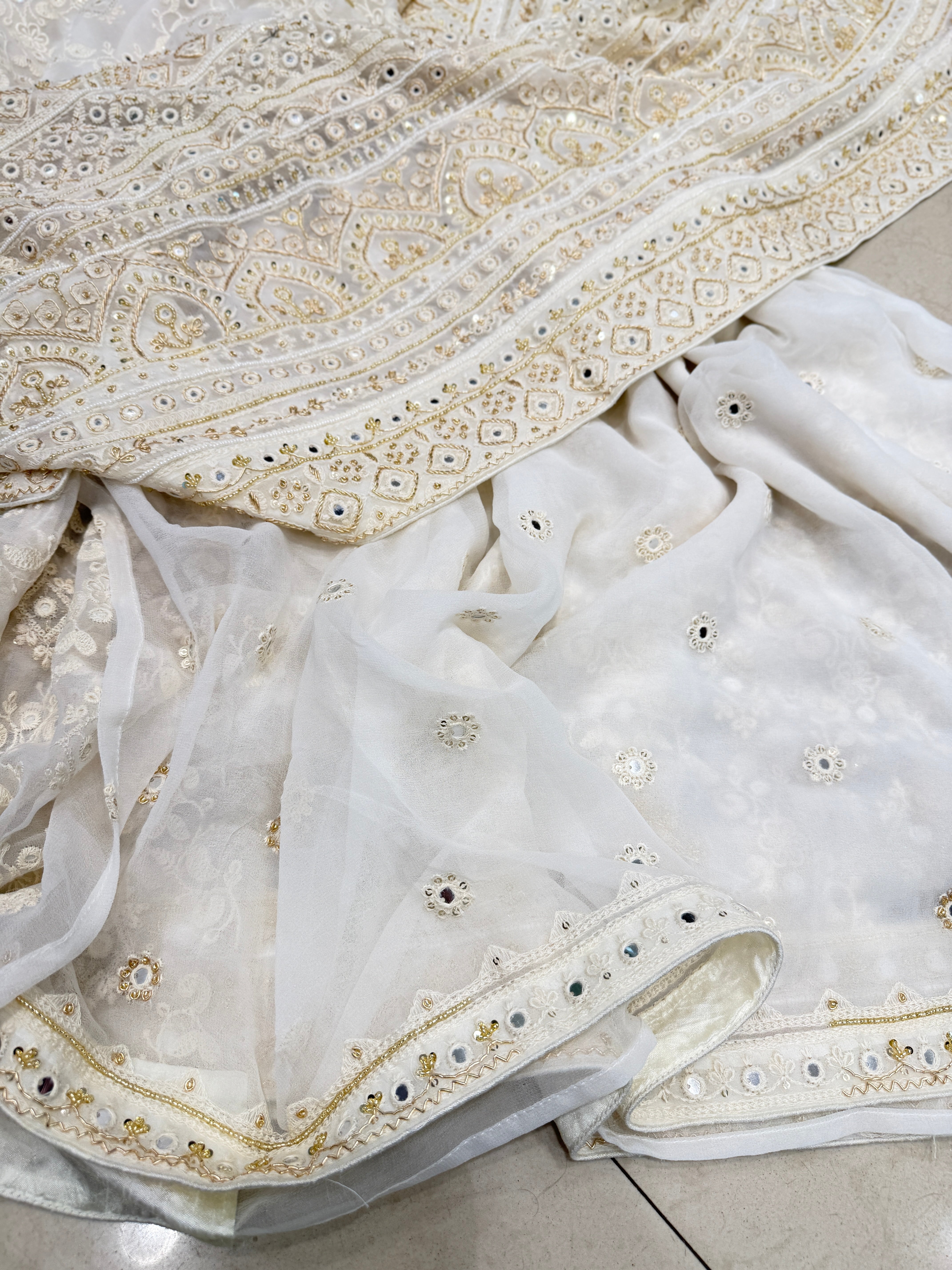 White Chikankari Zardosi Moti Hand Embroidery Saree
