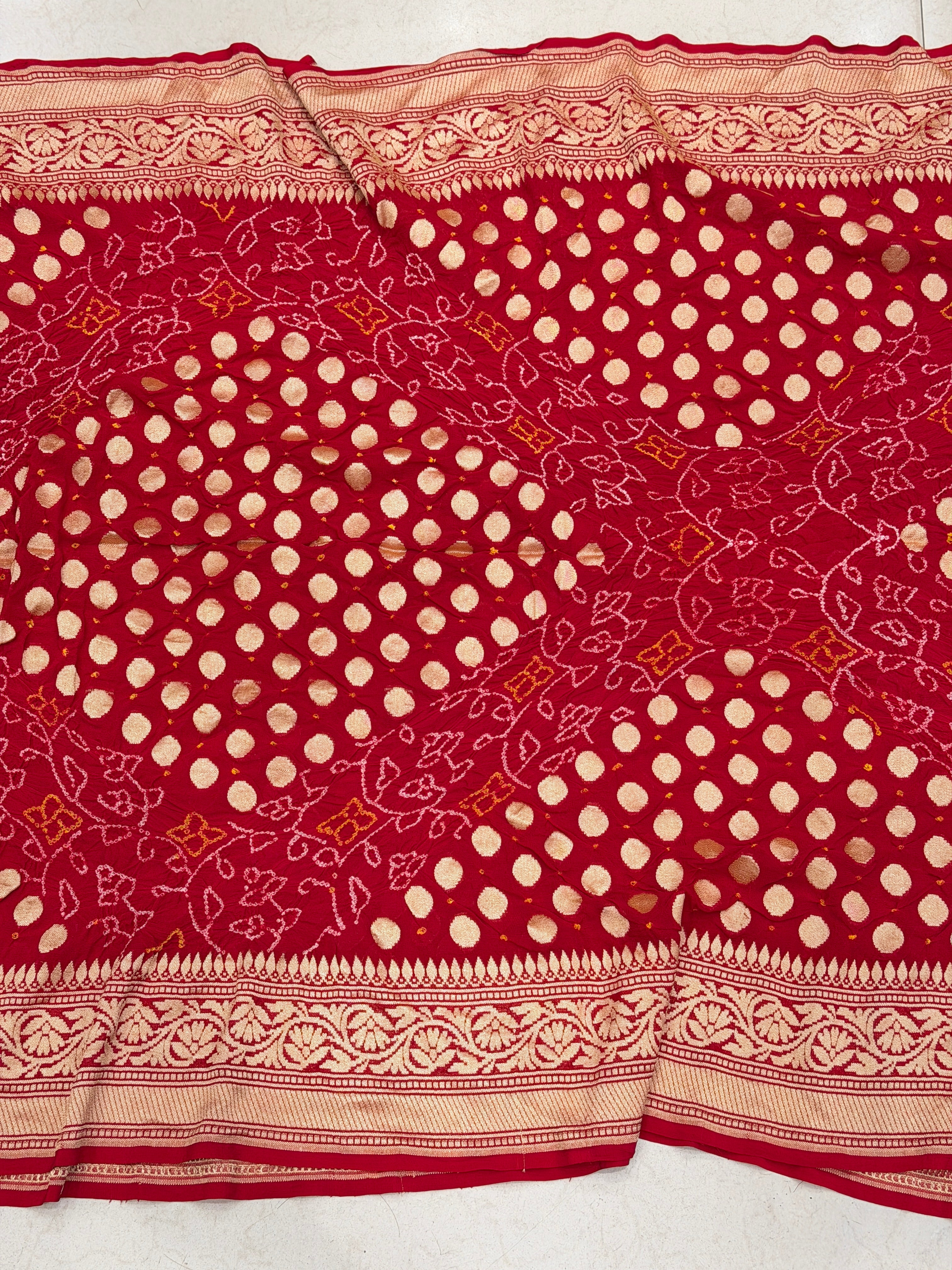 Red Metro Butti Rai Bandhej Banarasi Khaddi Georgette Saree
