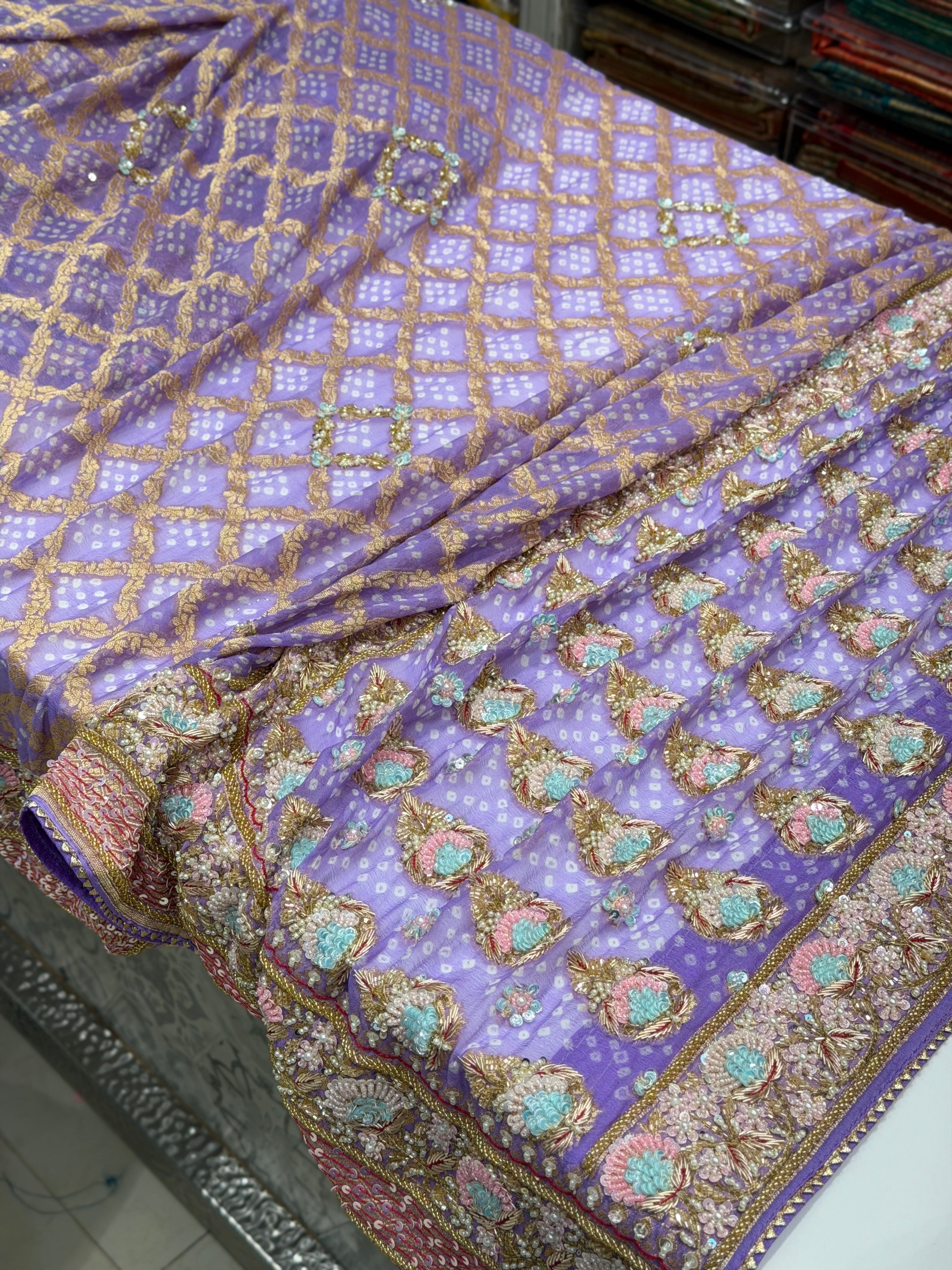 Pastel Lilac Bandhej Hand Embroidery Moti Zardosi Saree
