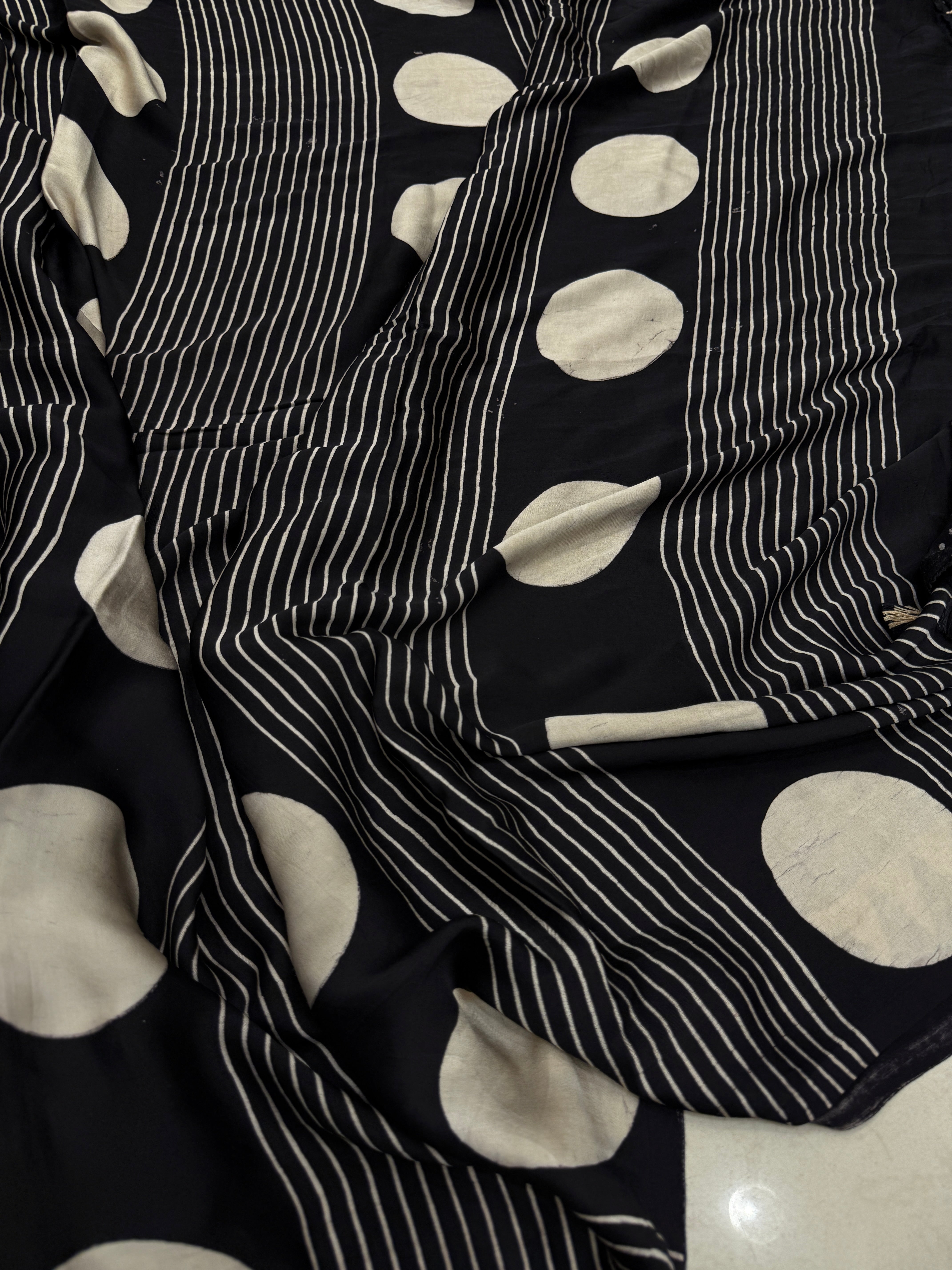 Black Contemporary Tree Buttis Ajrakh Block Print Hand Pure Gajji Silk Saree