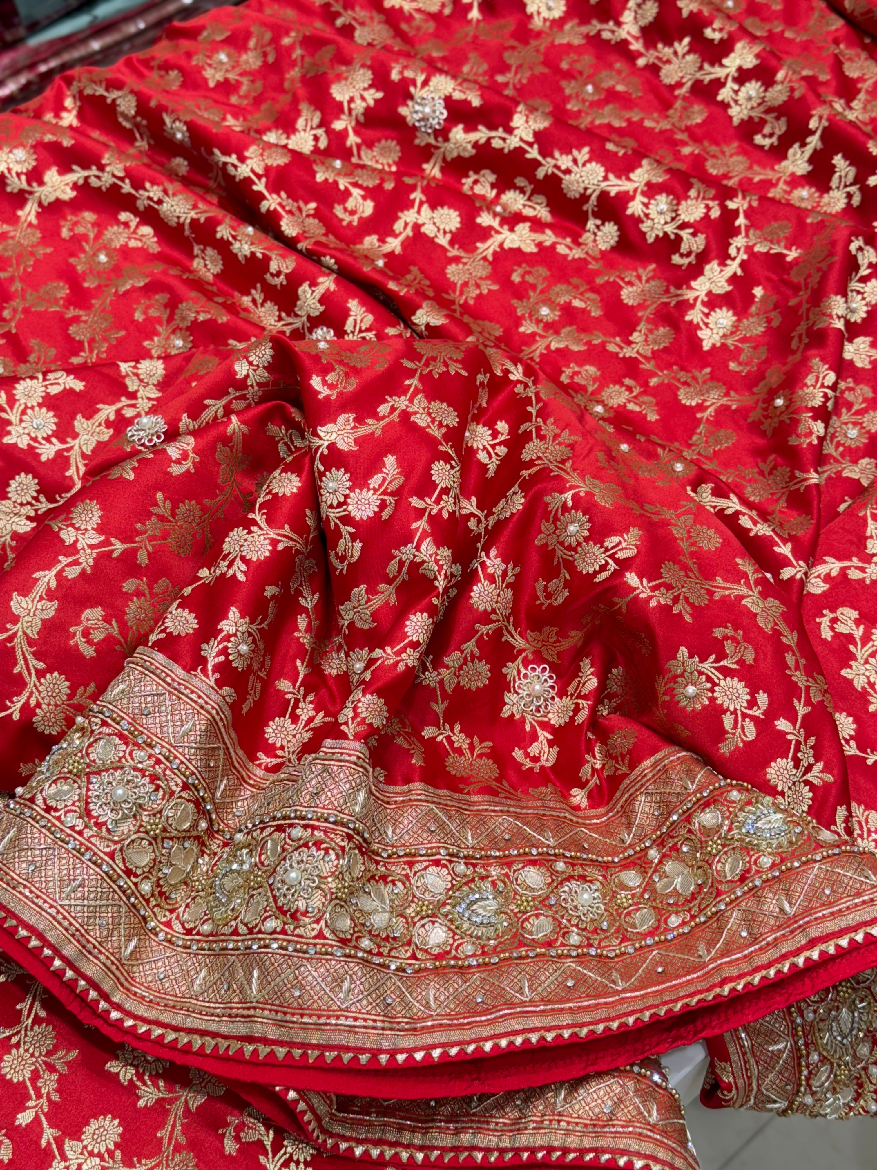 Red Banarasi Heart Border Hand Embroidery Saree