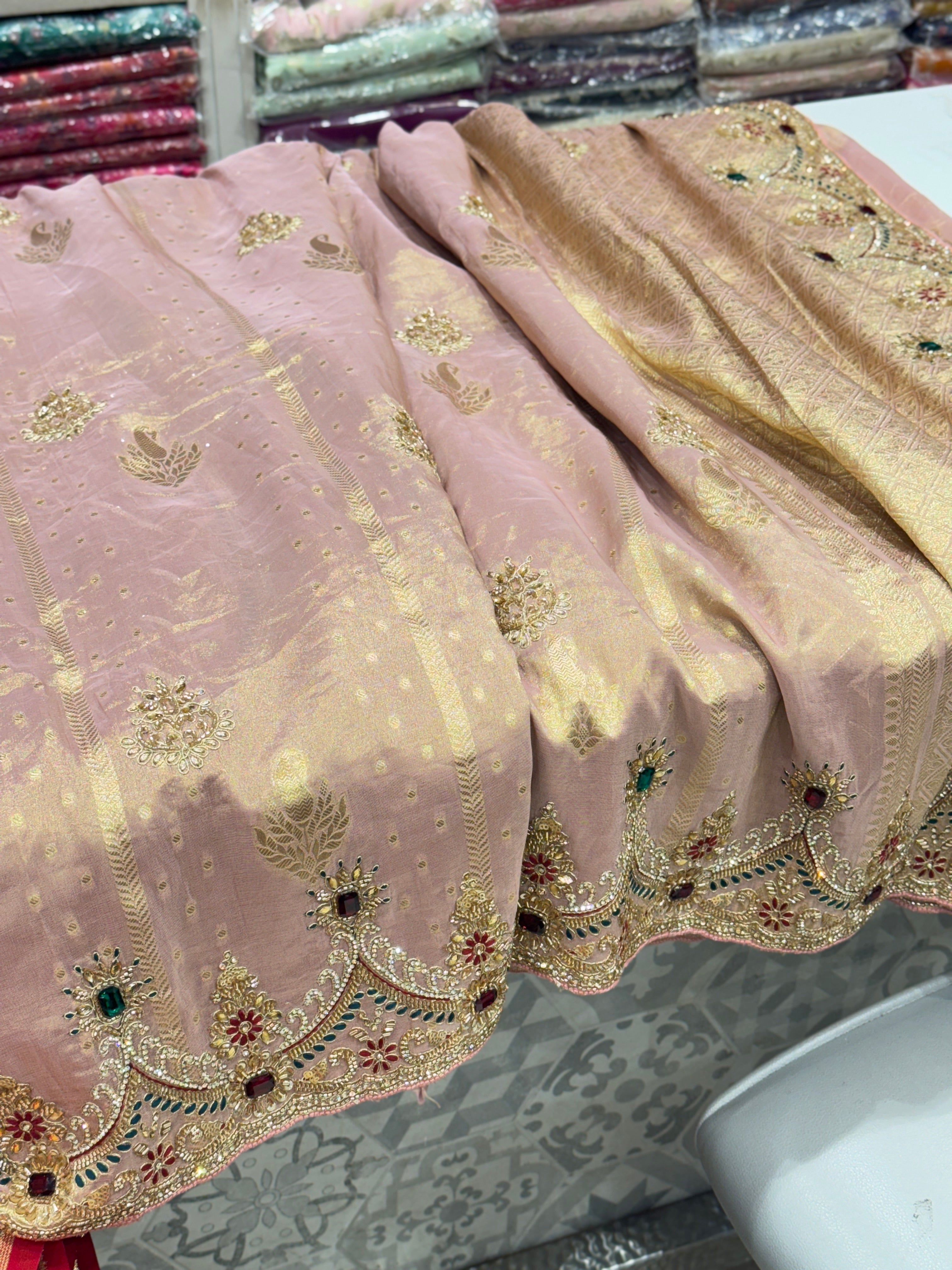 Pink Weaved Golden Silver Soft Tissue Pita Crystal Scallop Embroidery Saree