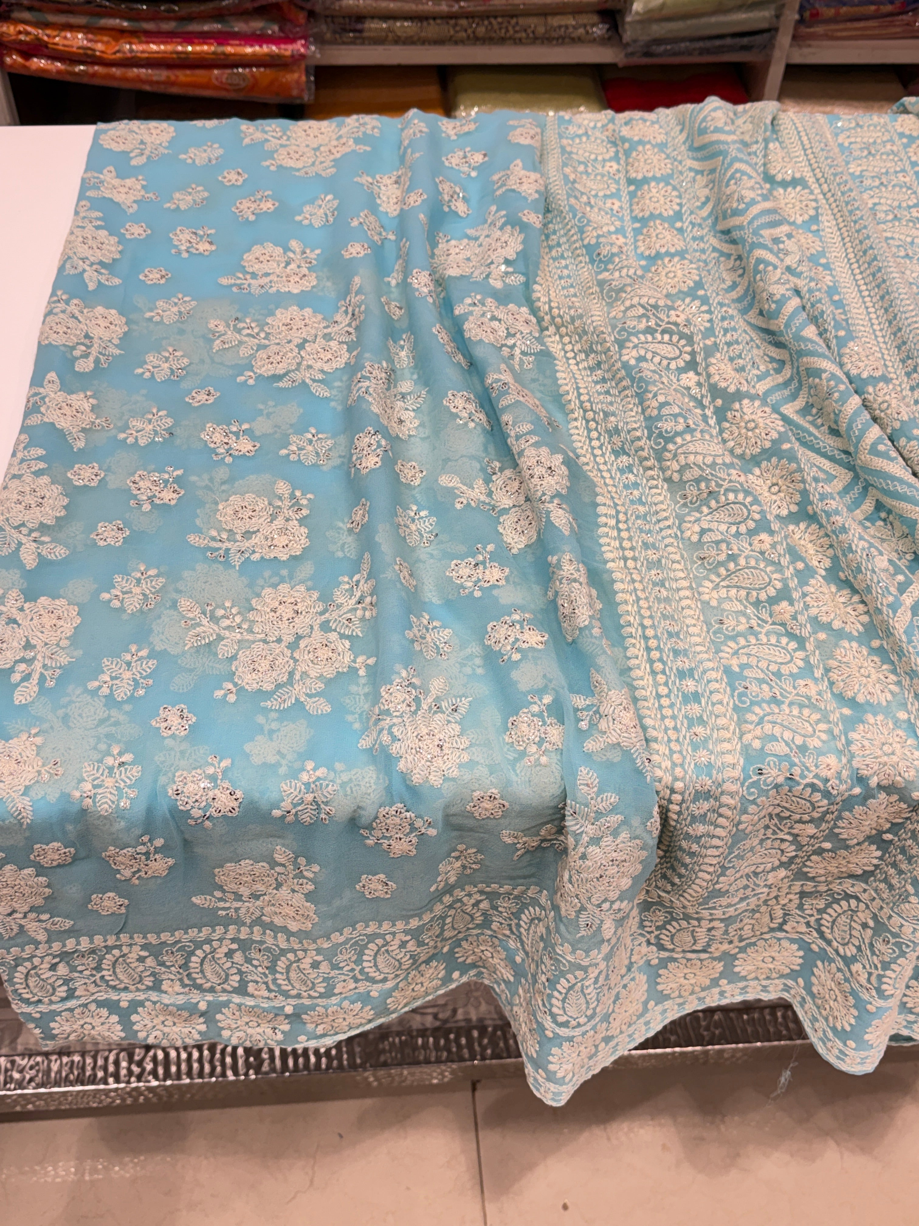 Light Blue Chikankari Georgette Resham Butta Saree
