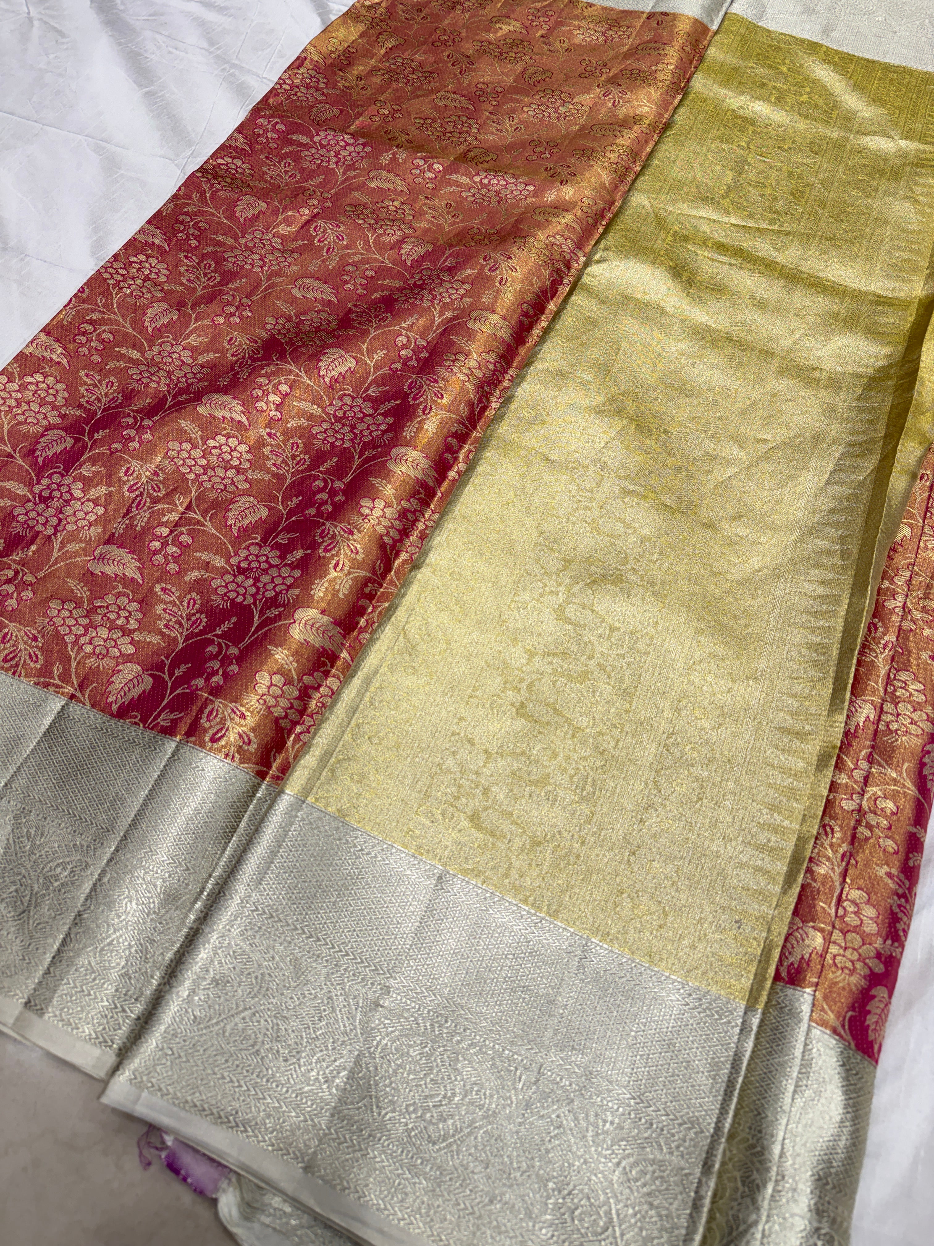 Crimson Handloom Kanjivaram With Silver Border Tissue Silk Saree