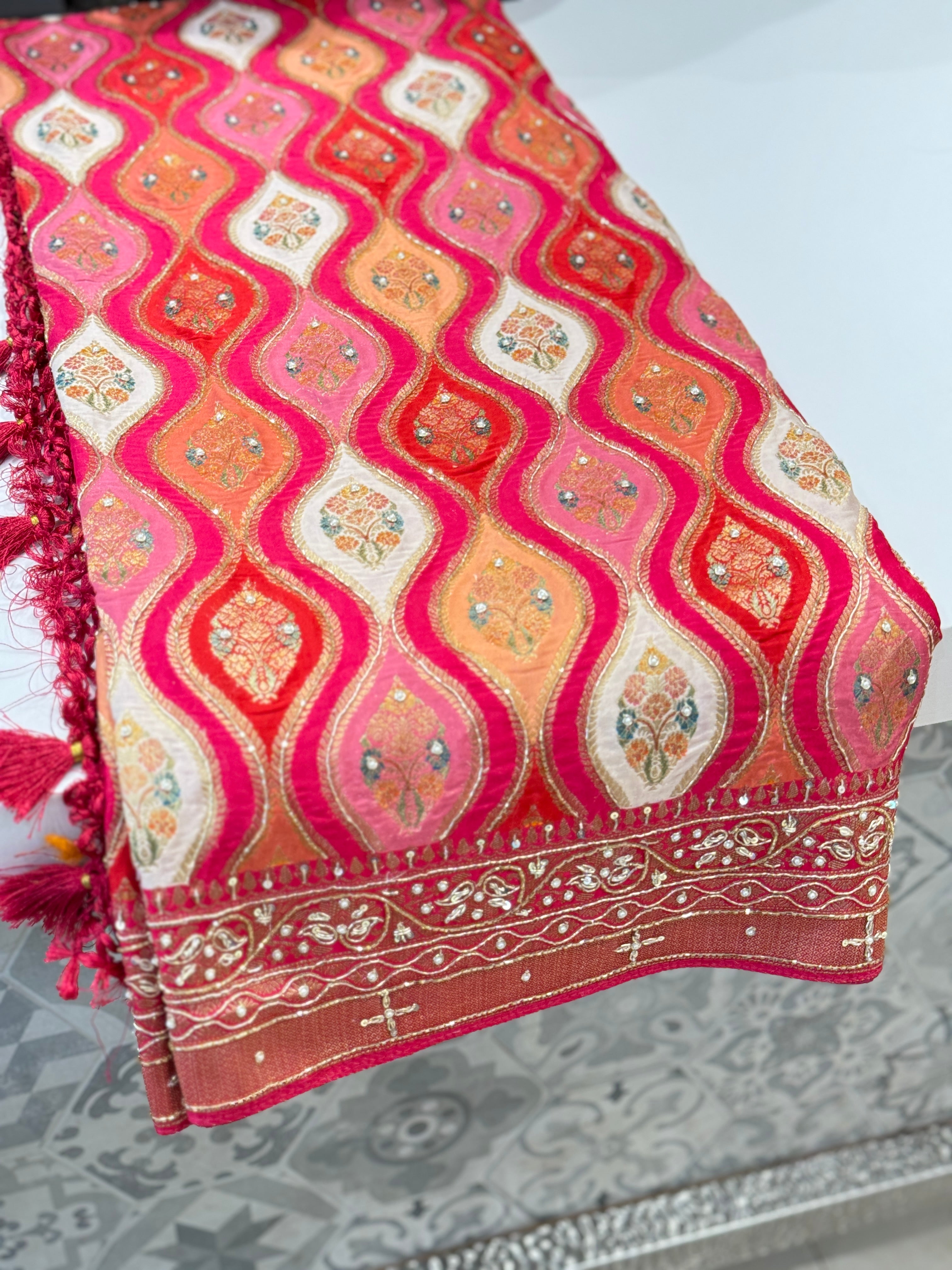 Rani Rangkat Modal Satin Zardosi Hand Embroidery Saree