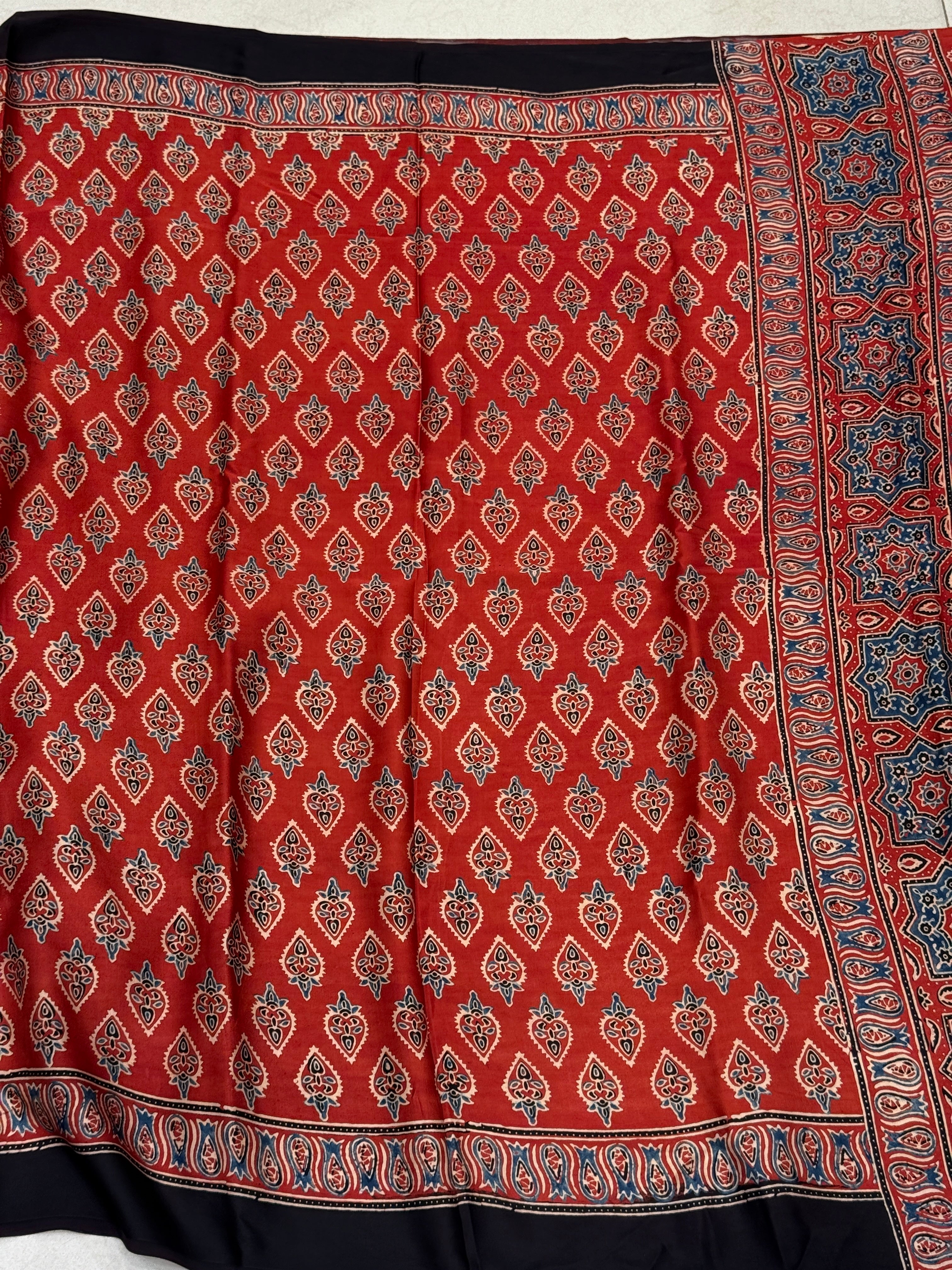 Red Torch Buttis Ajrakh Modal Gajji Silk Saree