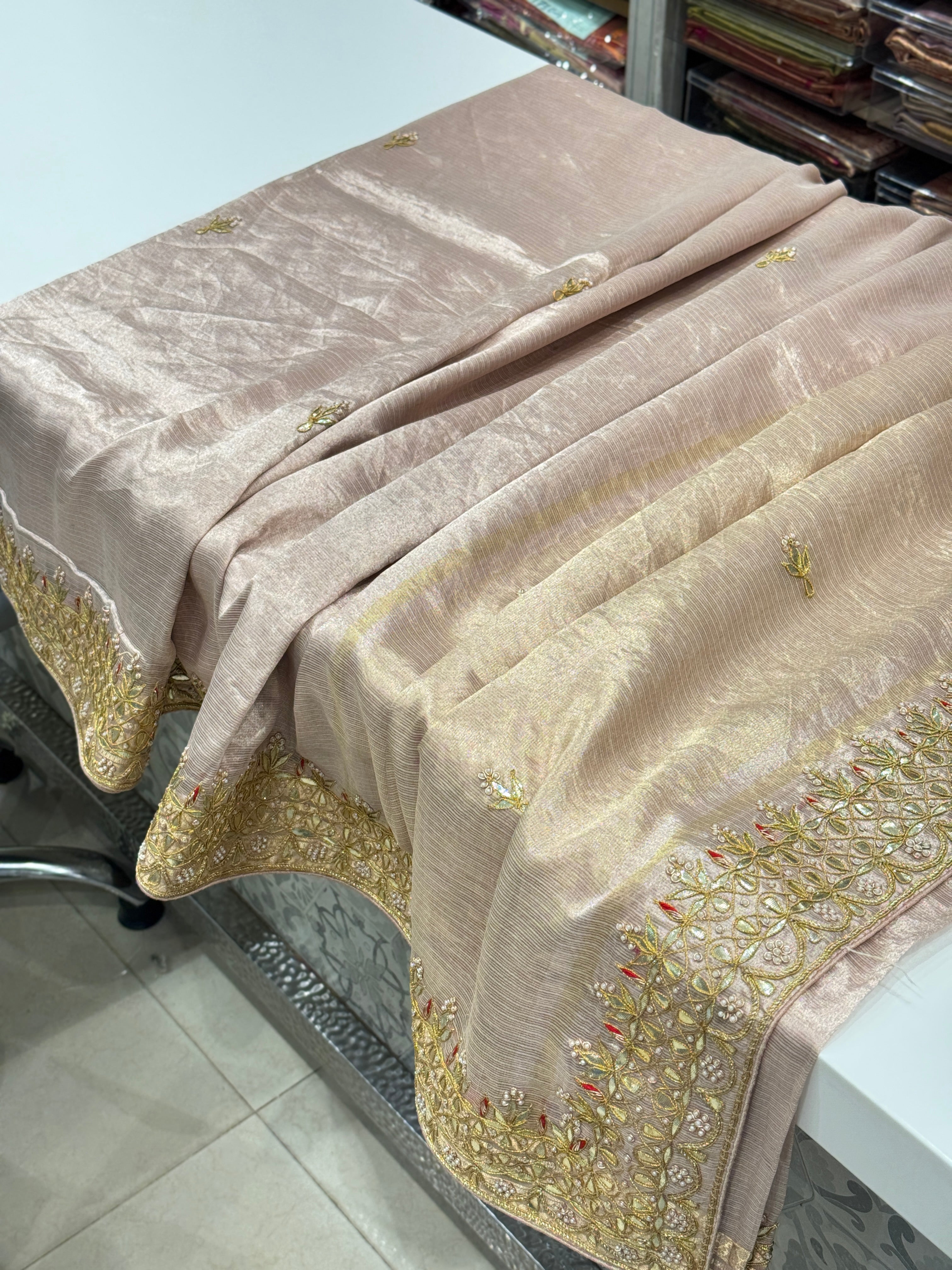 Pink Tissue Handloom Gotapatti Zardosi Hand Embroidery Saree