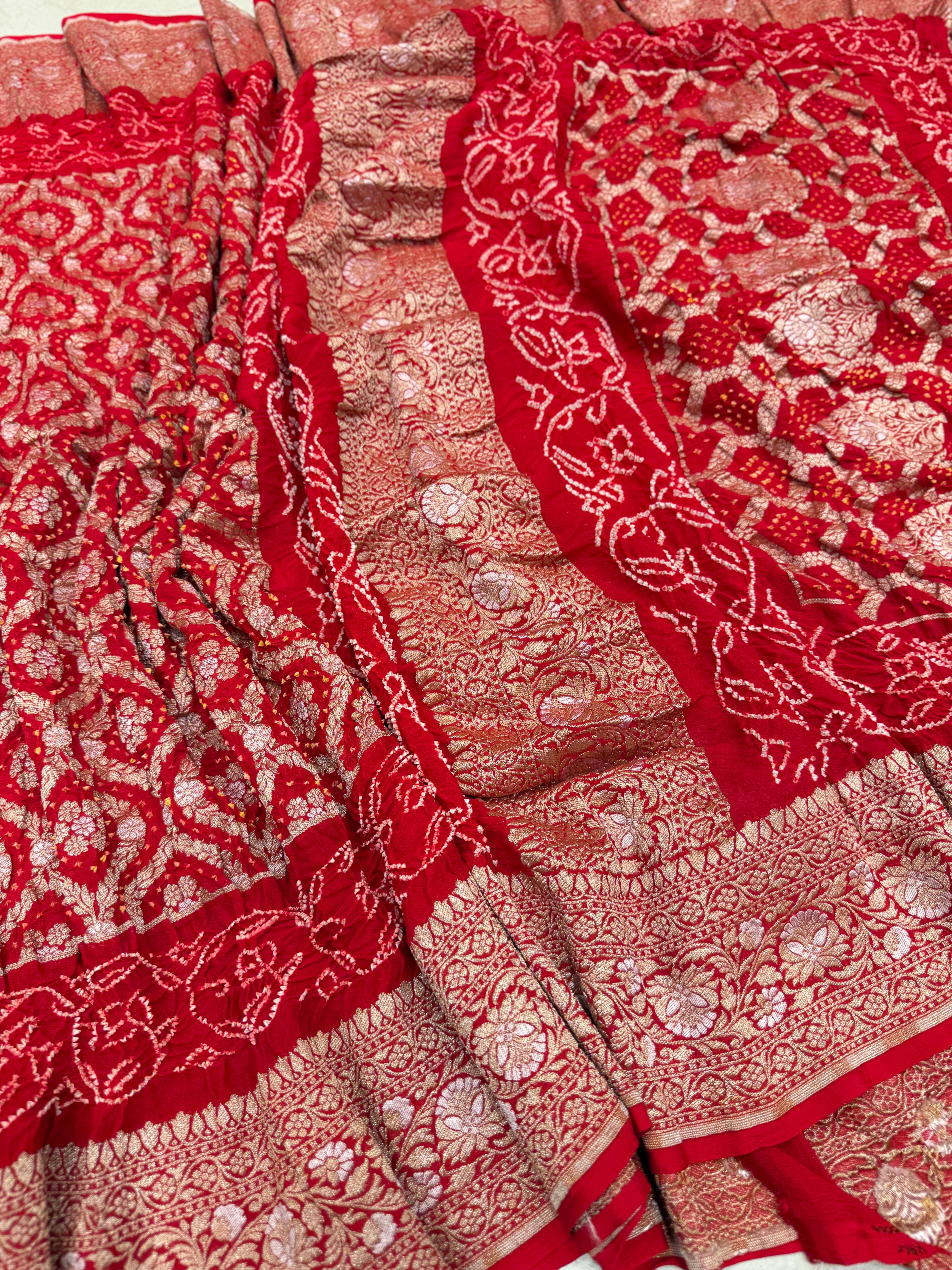 Red Sona Roopa Double Border Rai Bandhej Georgette Bandhini Saree