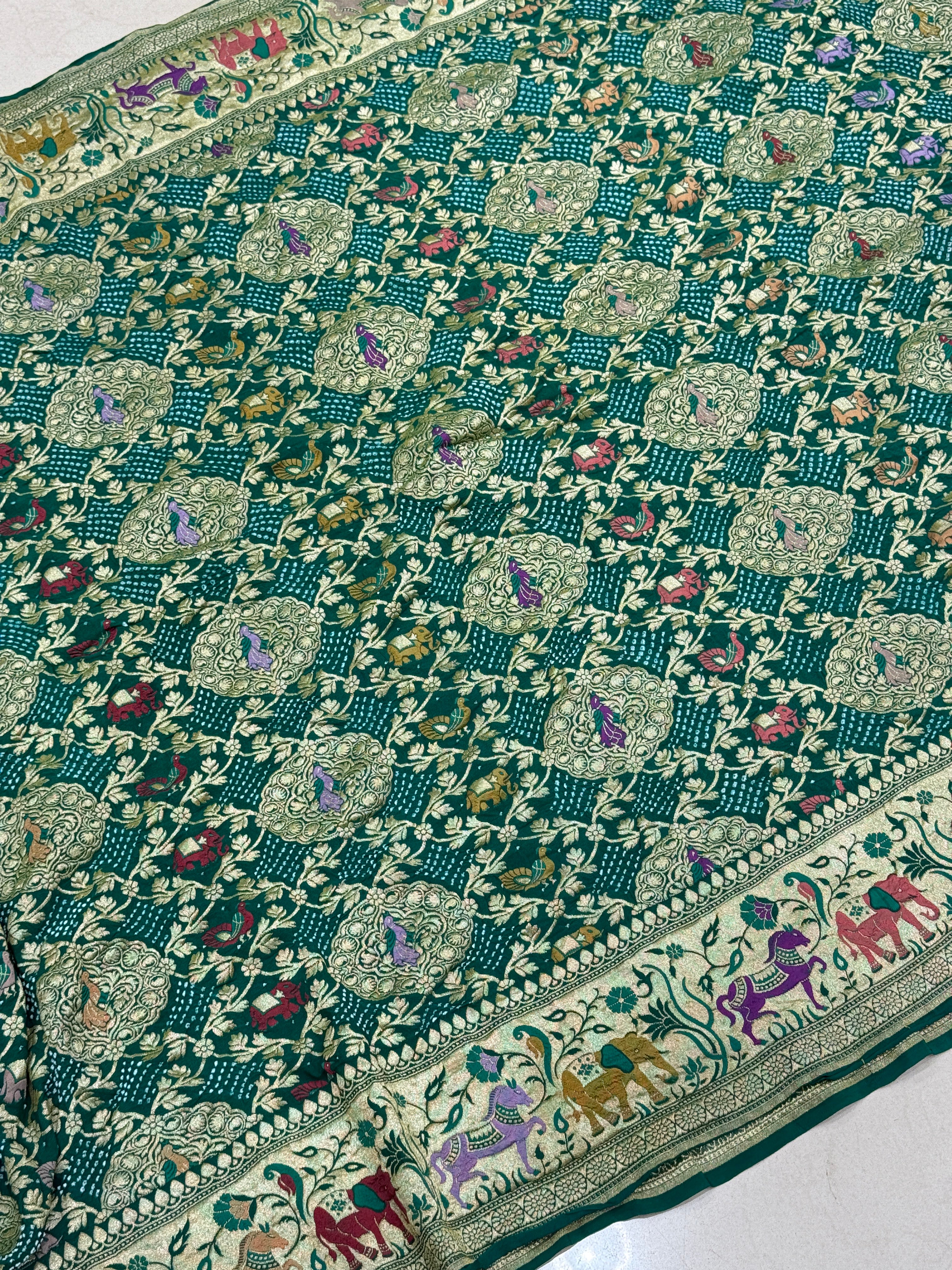 Bottle Green Bandhej Meenakari Kadwa Saree