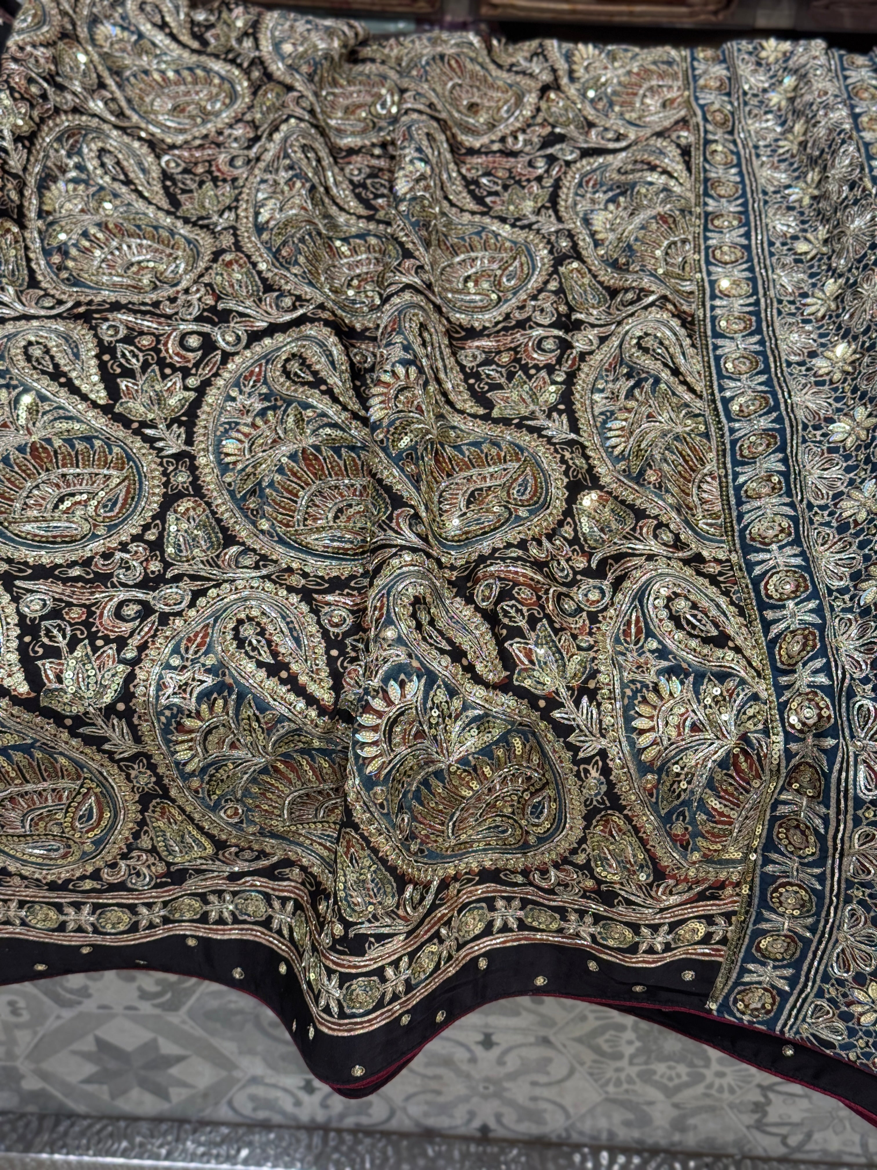 Black Keri Jaal Ajrakh Blue Pallu Hand Embroidery Zardosi and Pita Work