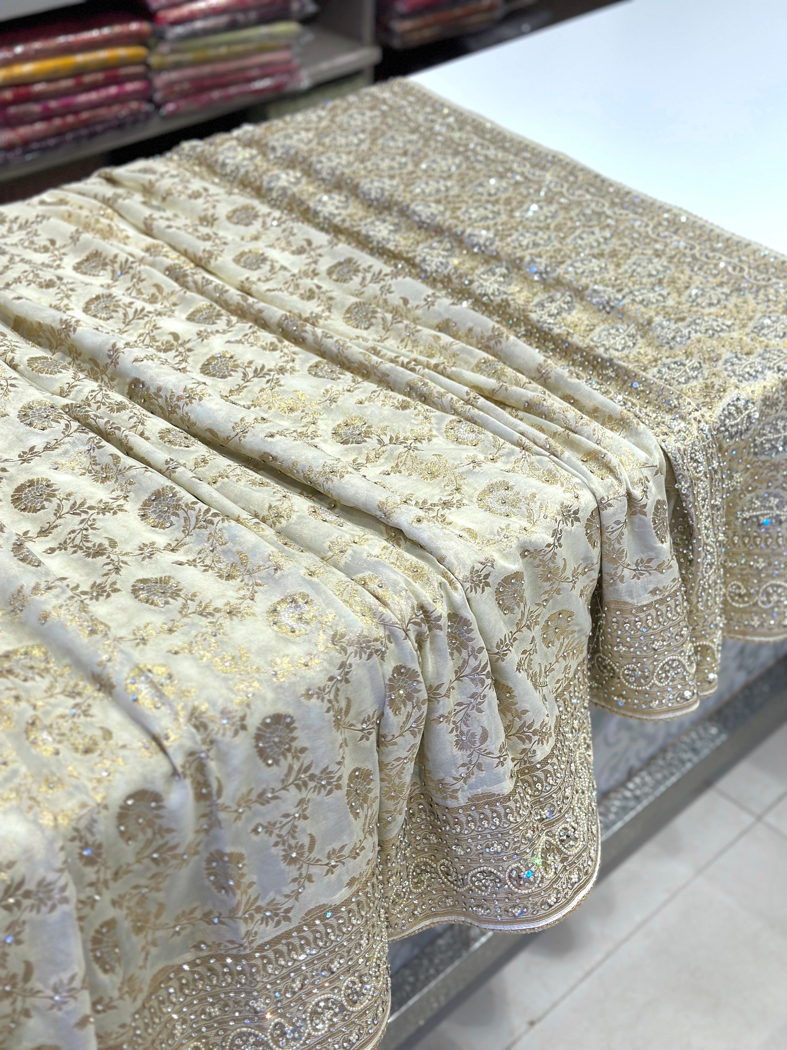 Beige Khaddi Georgette Jaal Hand Embroidery Saree