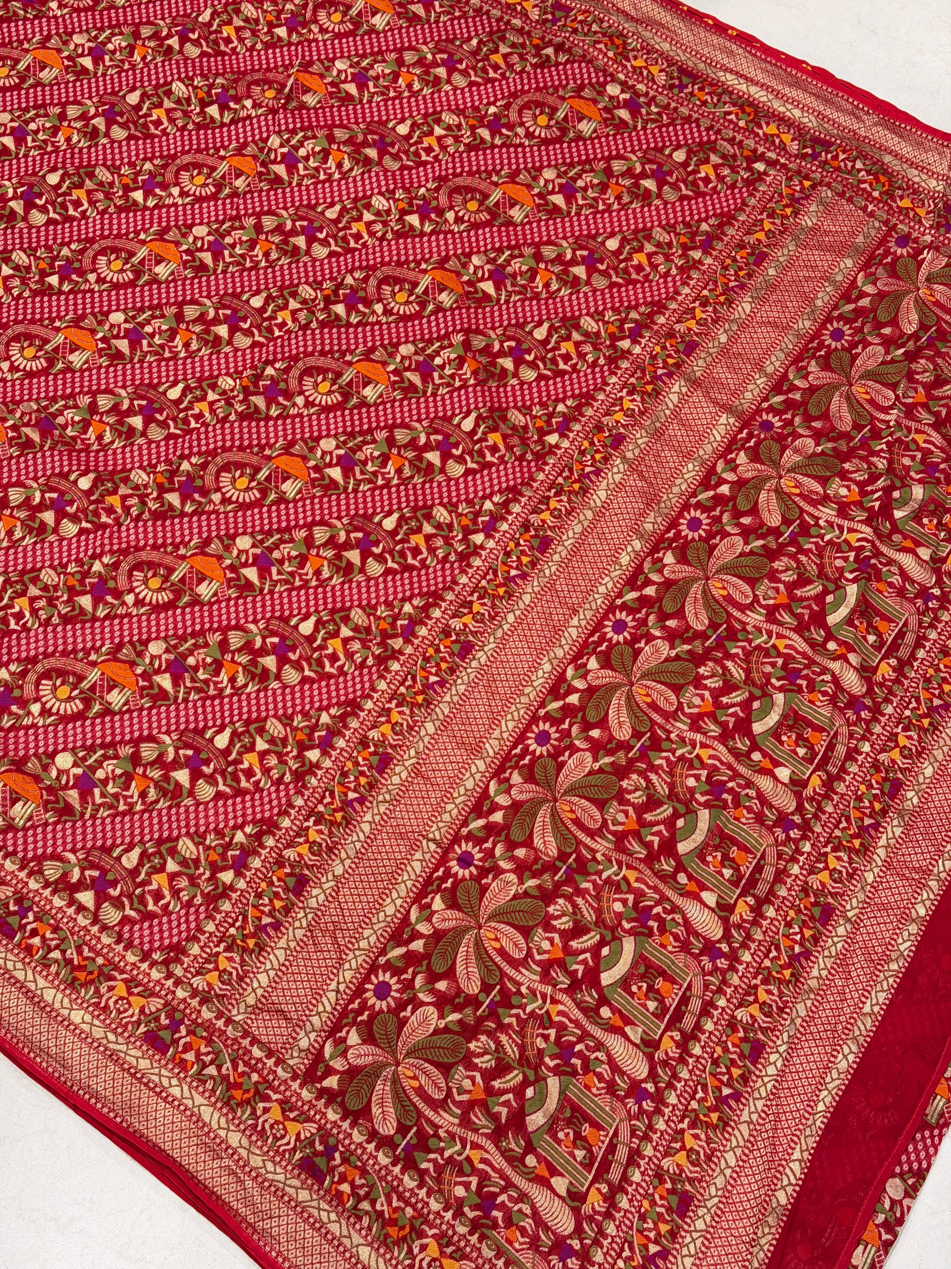 Red Warli Style Woven Bandhej Georgette Saree