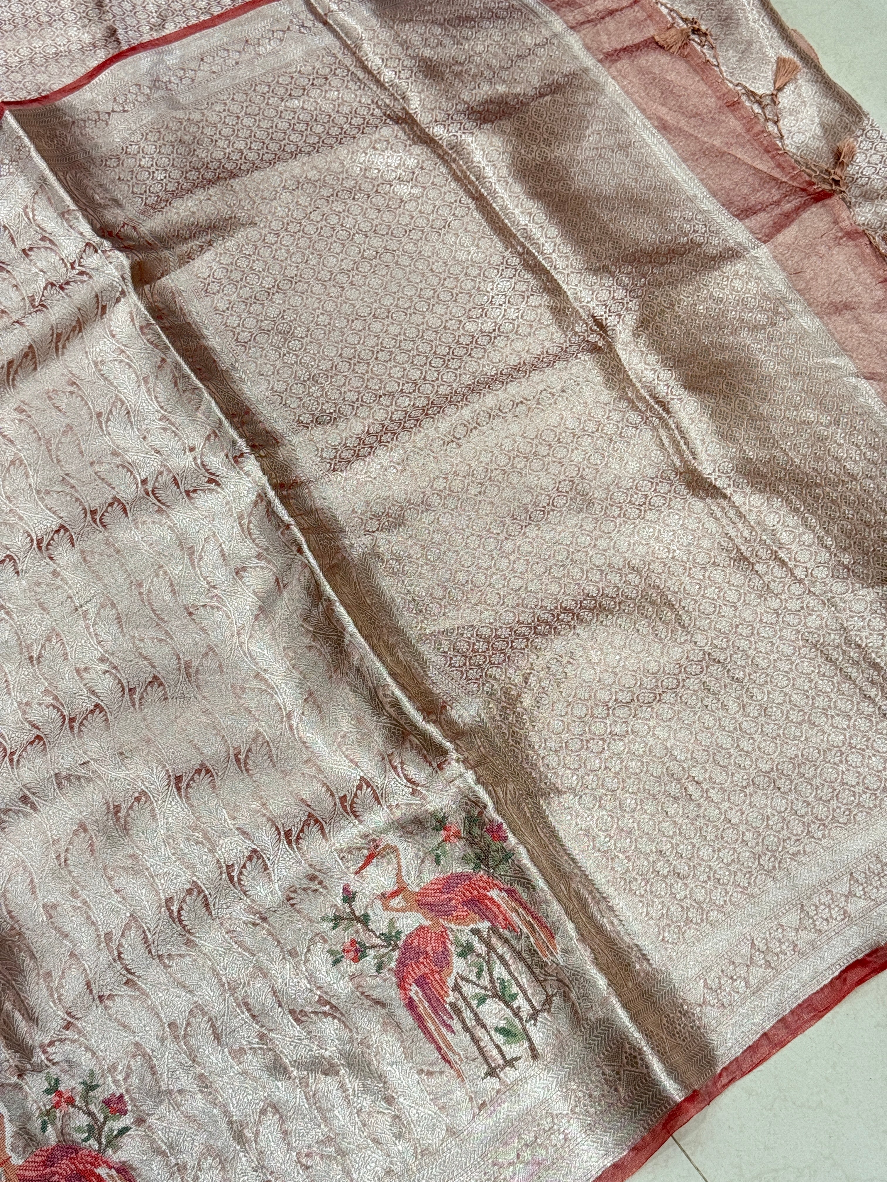 Crimson Silver Handloom Tissue Parsi Contemporary Resham Embroidery Saree