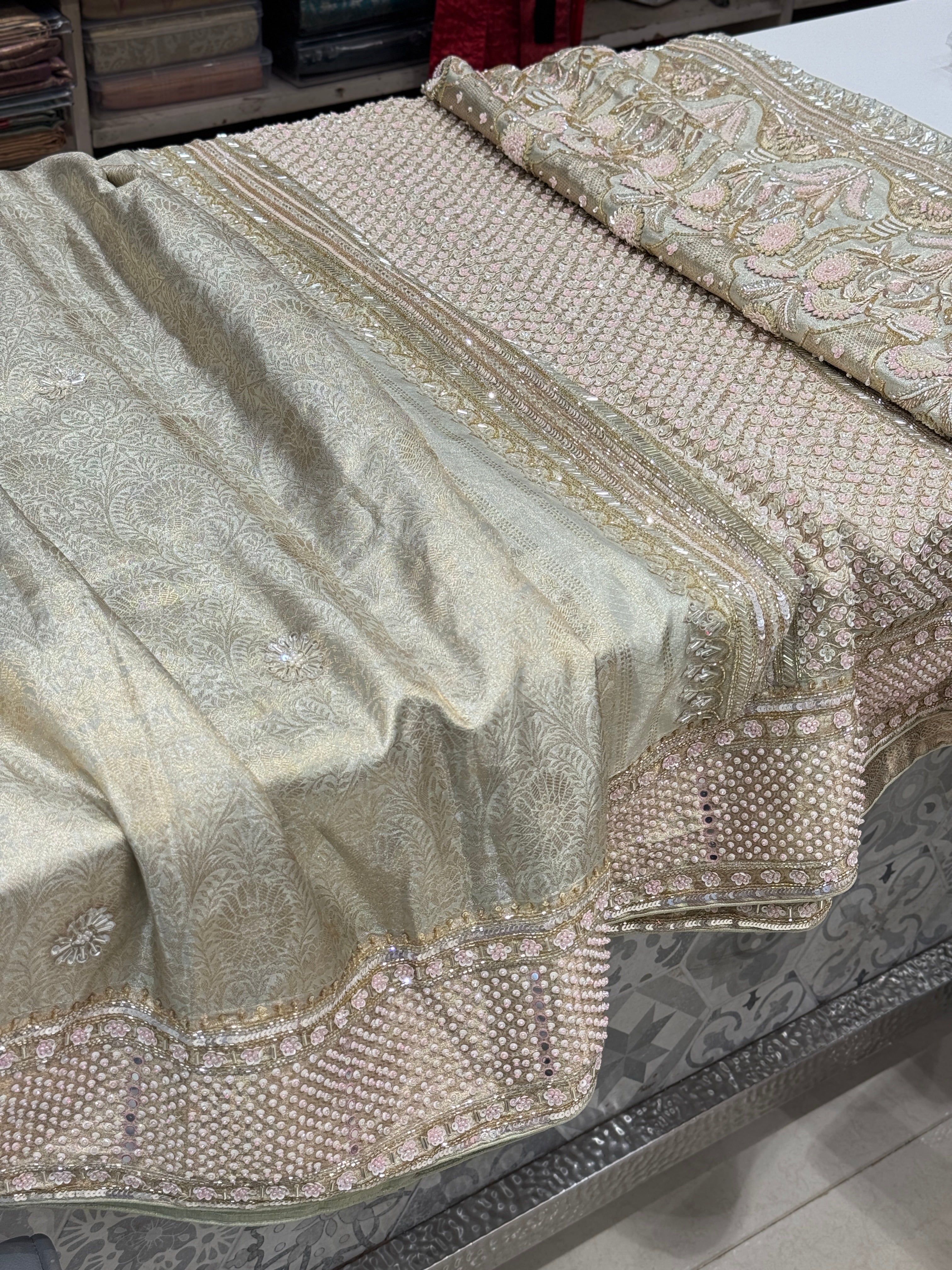 Sage Green Contemporary Tissue Jaal Kanjivaram Hand Embroidery Saree