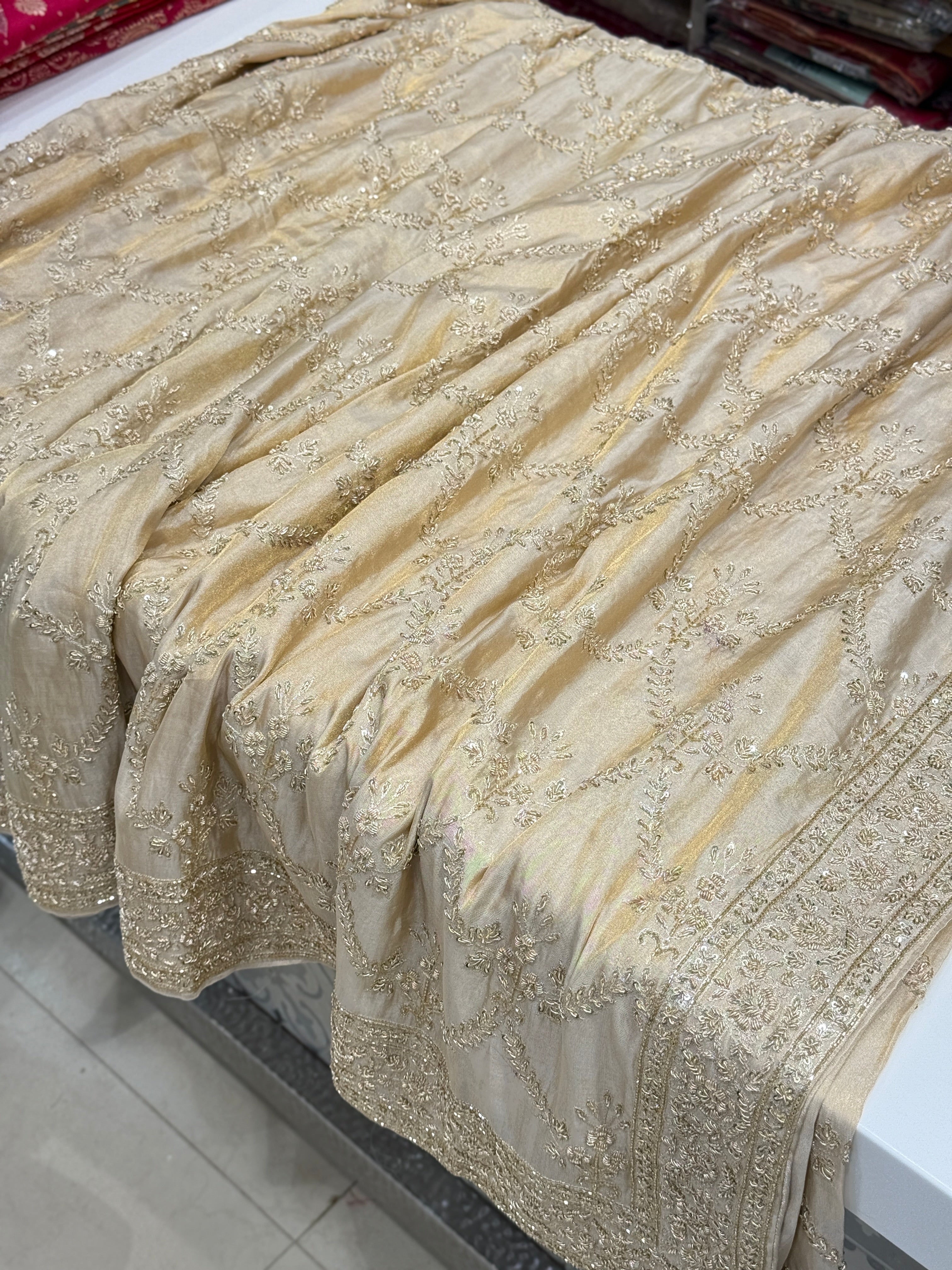 Handloom Tissue Silk Zardosi Hand Embroidery Jaal Saree