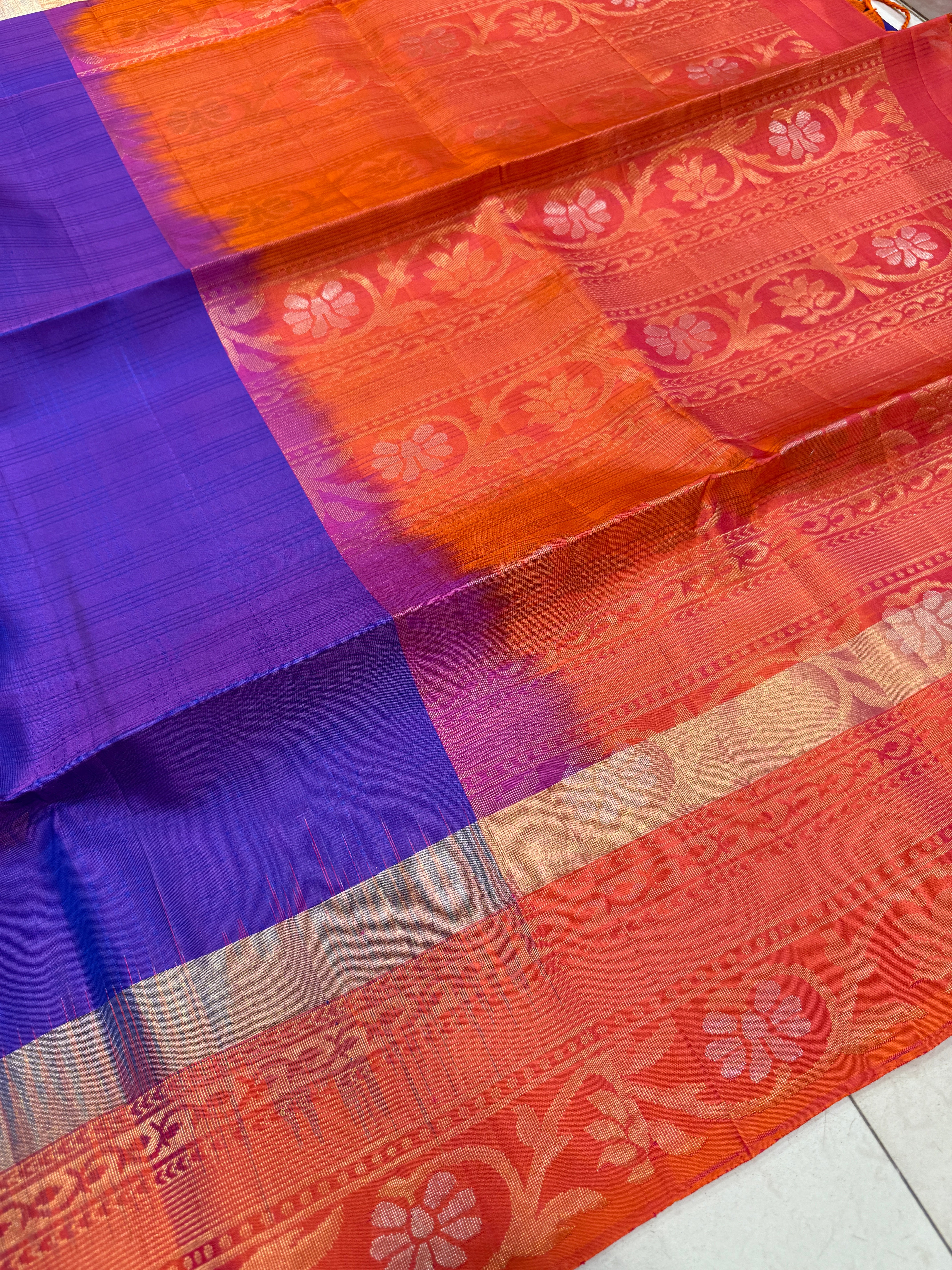 Purple Orange Small Buttis Handloom Kanchipuram Pure Silk Saree