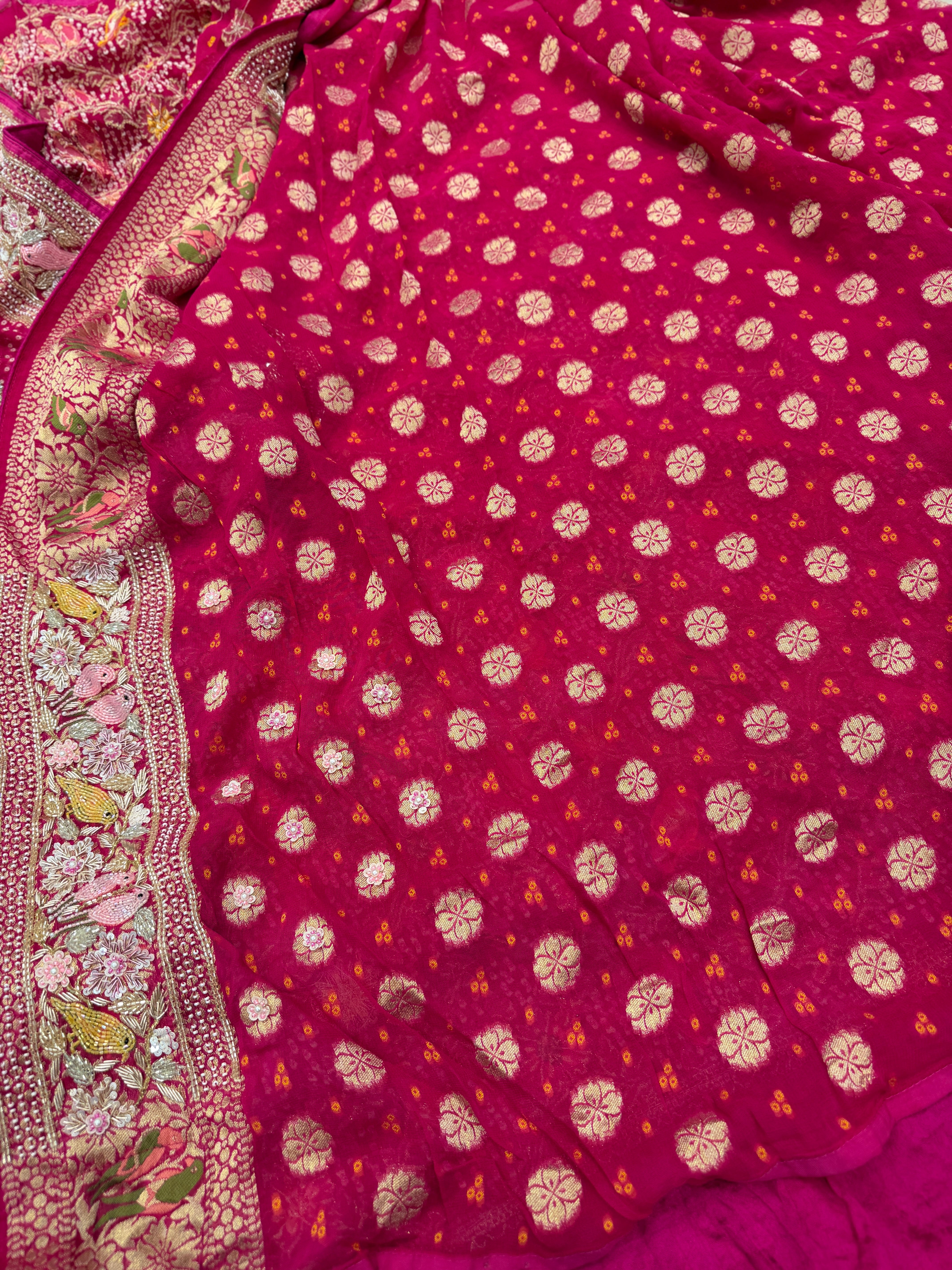 Rani Pink Weaved Bandhej Parrot Motifs Georgette Moti Zardodi Hand Embroidery Saree