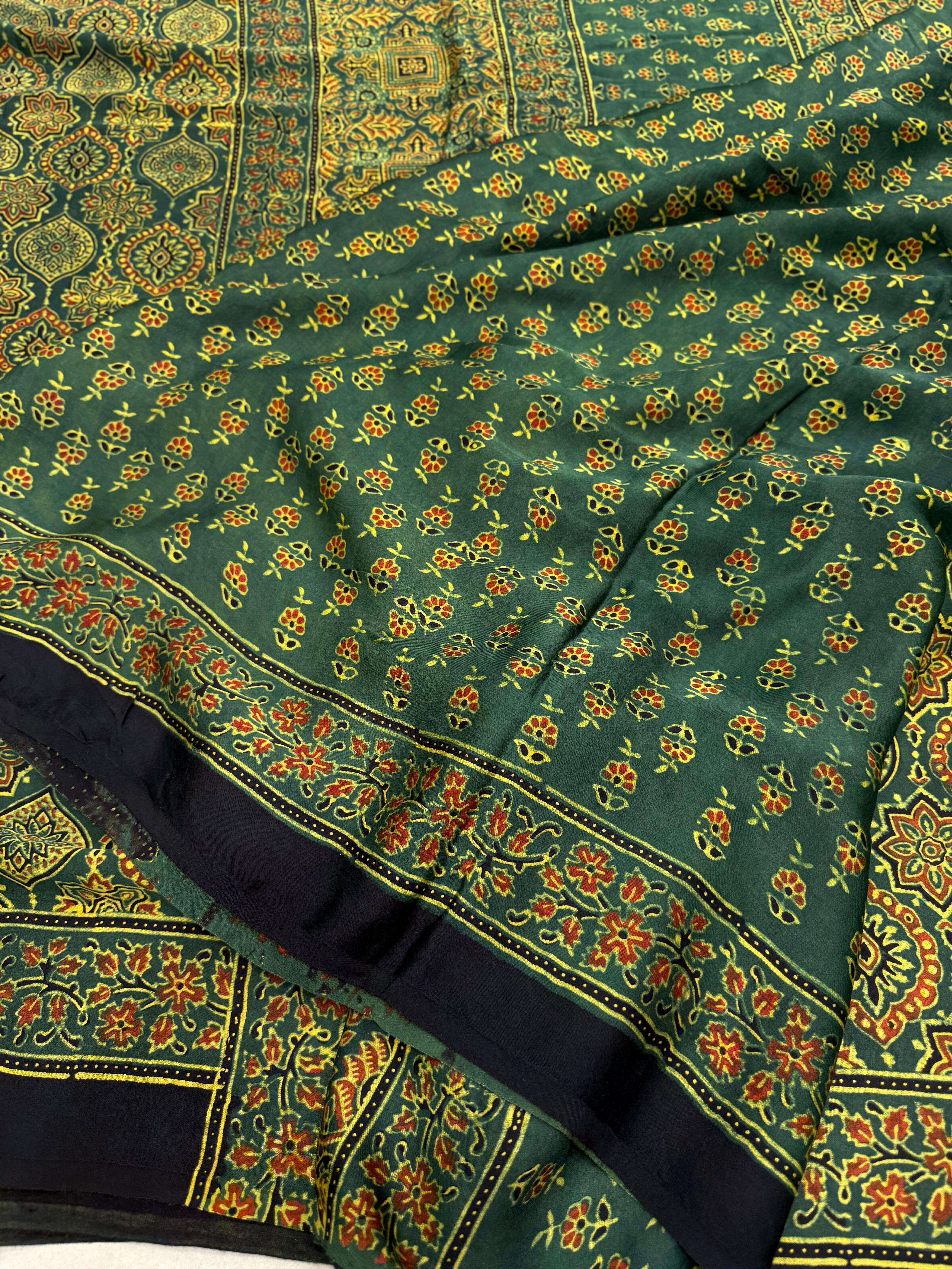 Green Badam Butti Ajrakh Hand Block Print Pure Gajji Silk Saree