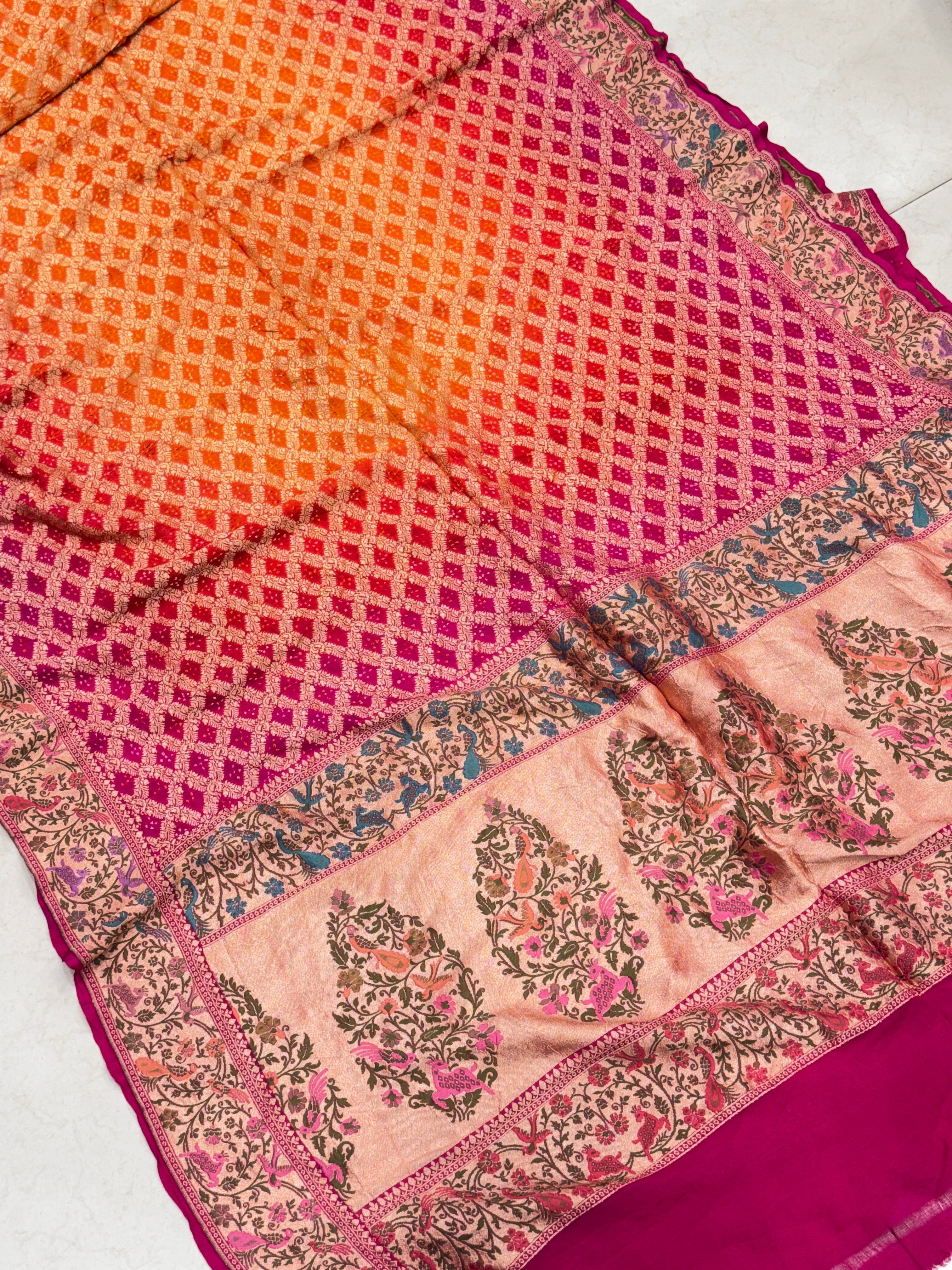Rani Orange Shaded Shikara Border Meenakari Rai Bandhej Georgette Bandhini Saree