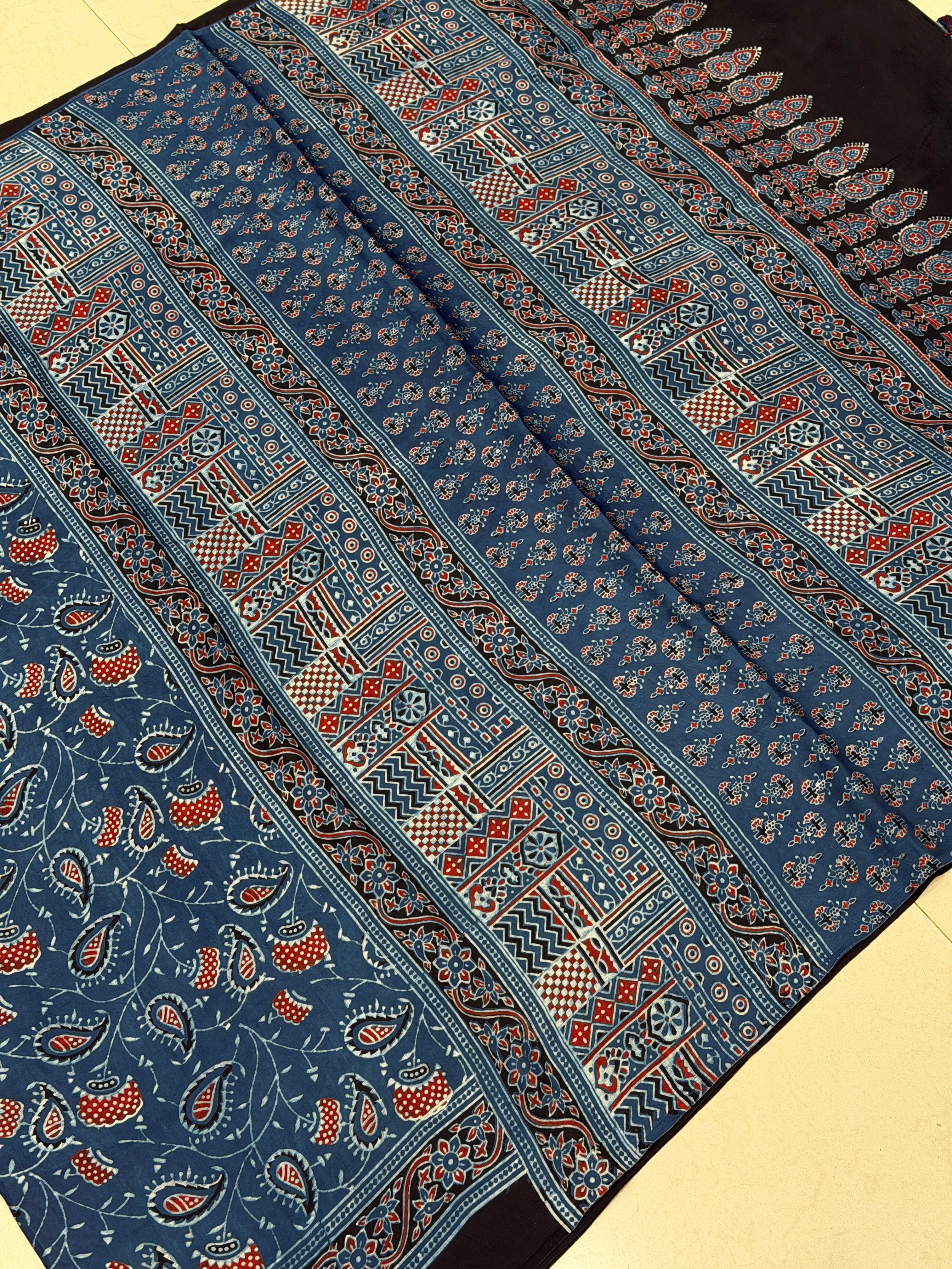 Blue Keari Jaal Ajrakh Hand Block Print Pure Modal Silk Saree