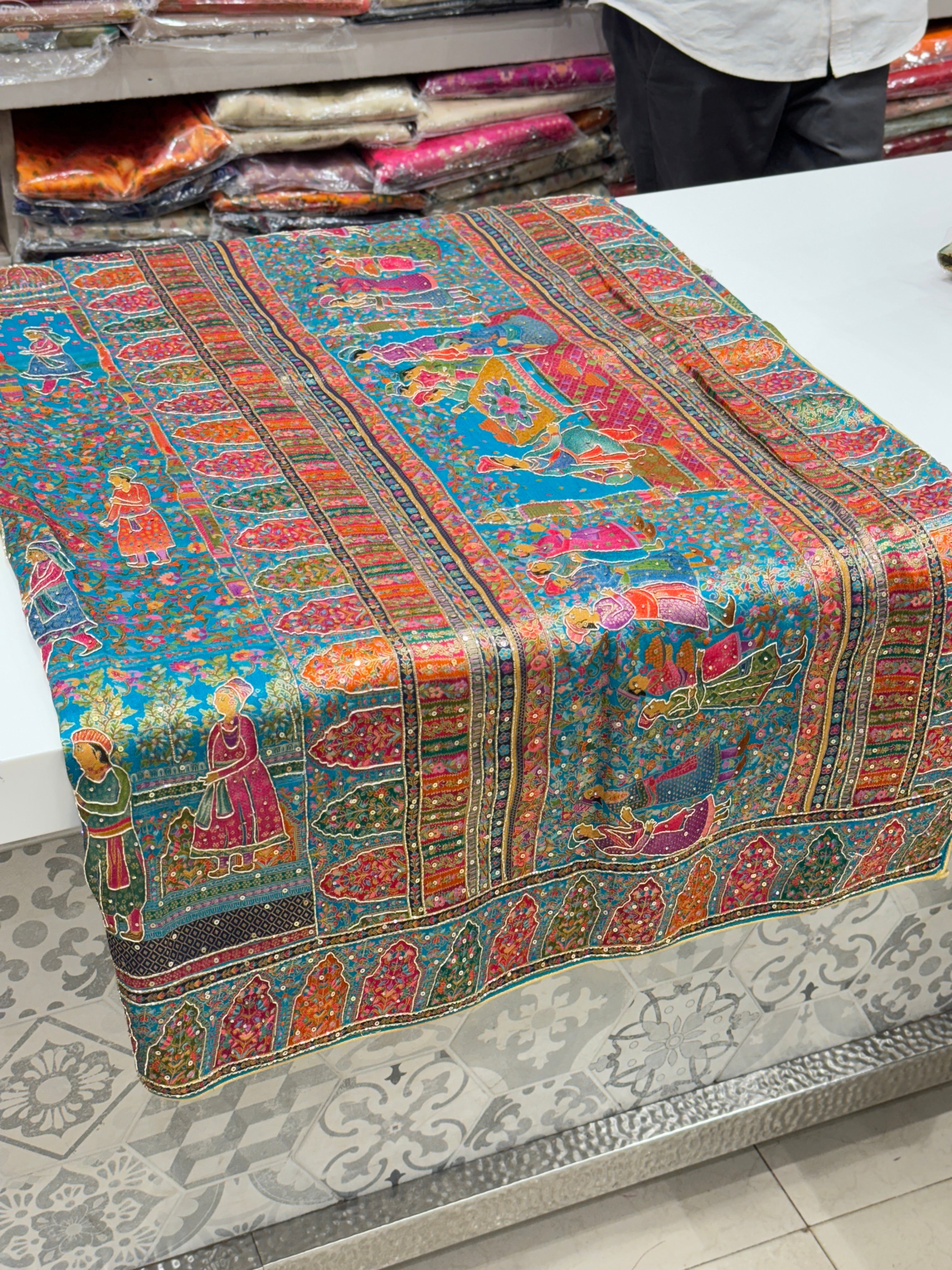 Firozi Blue Darbar Pashmina Style Weave with Hand Embroidery