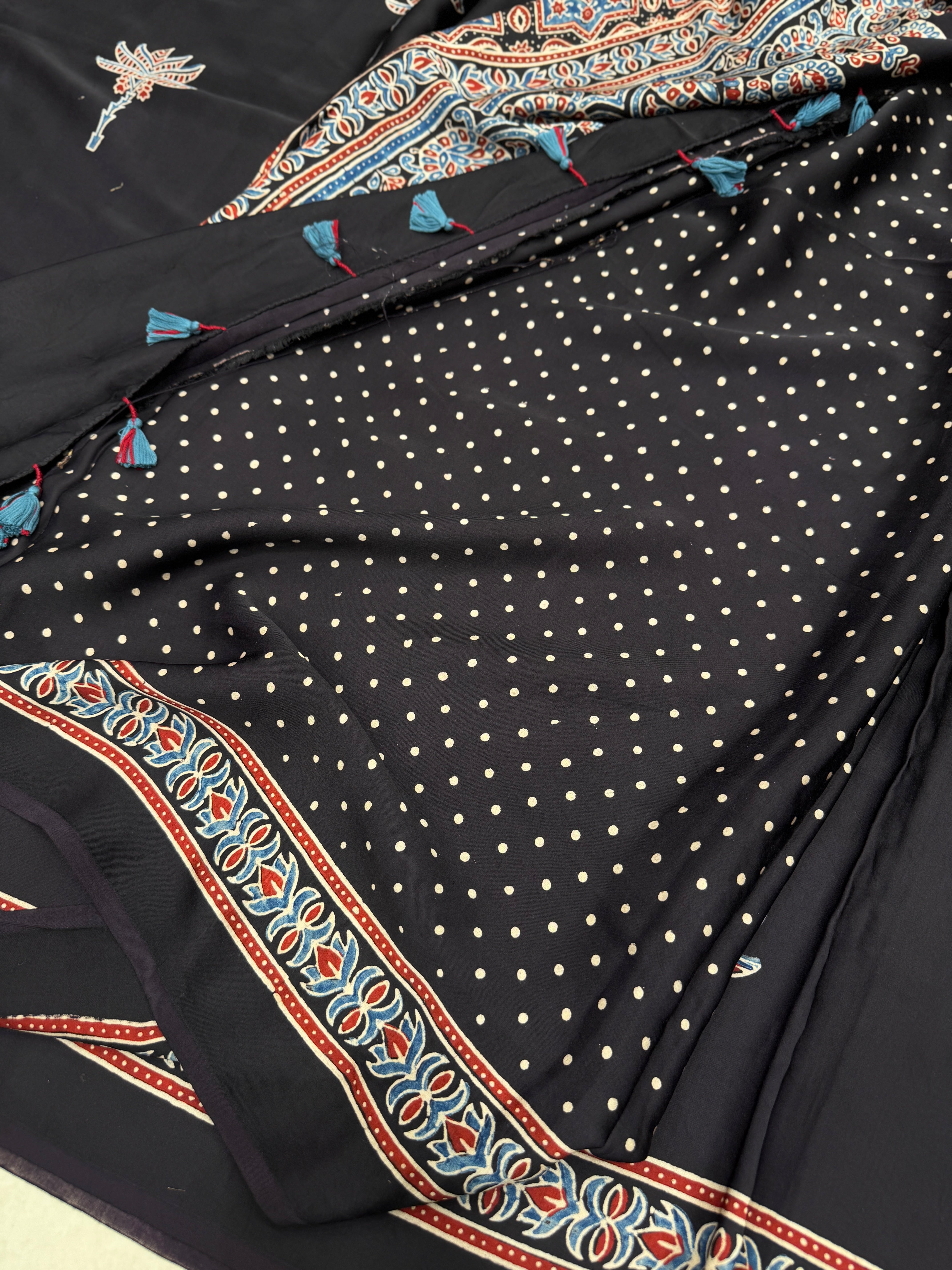 Black Contemporary Buttas Ajrakh Hand Block Print Pure Gajji Silk Saree