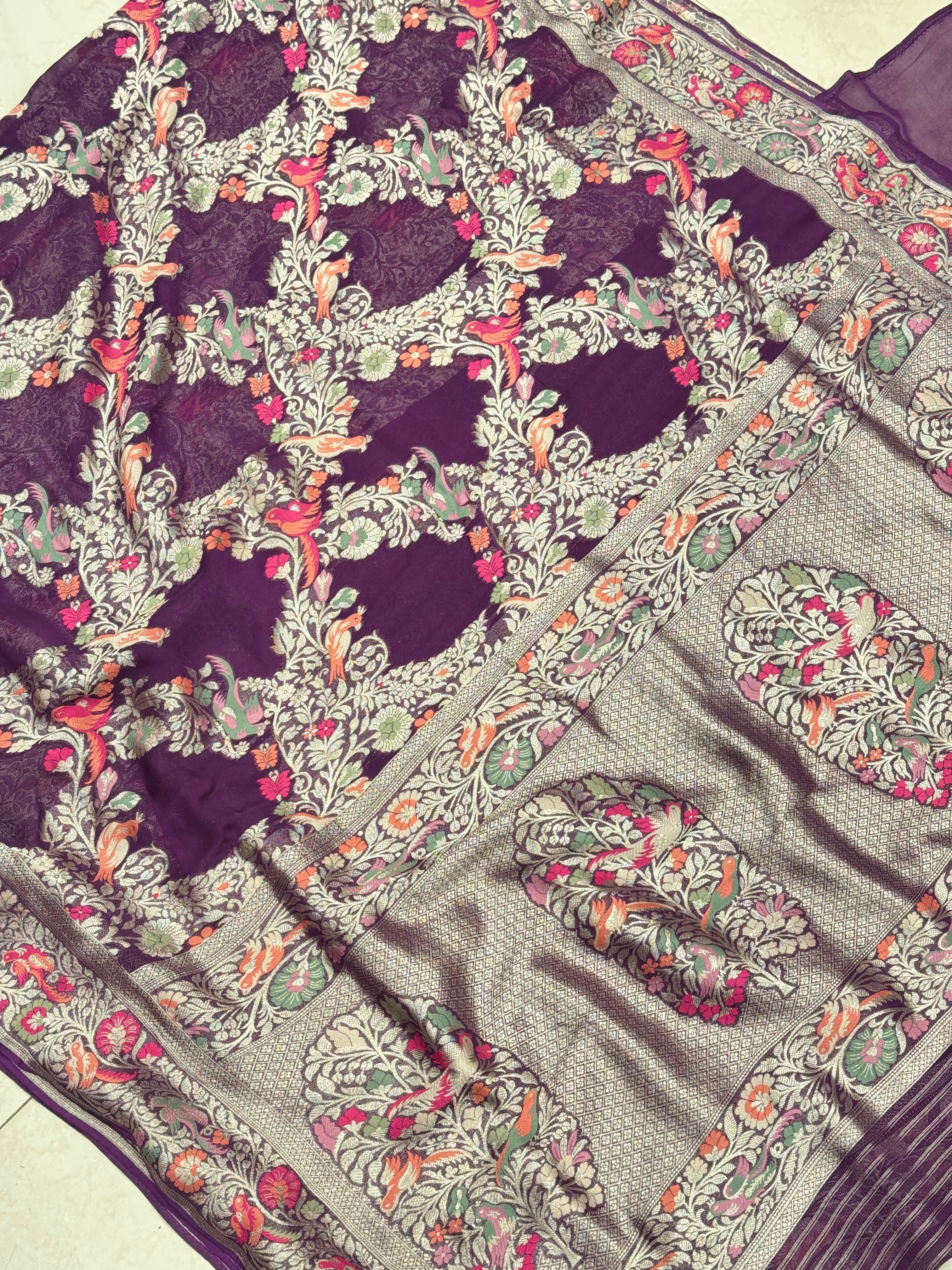 Purple Georgette Criss Cross Birds Theme Saree