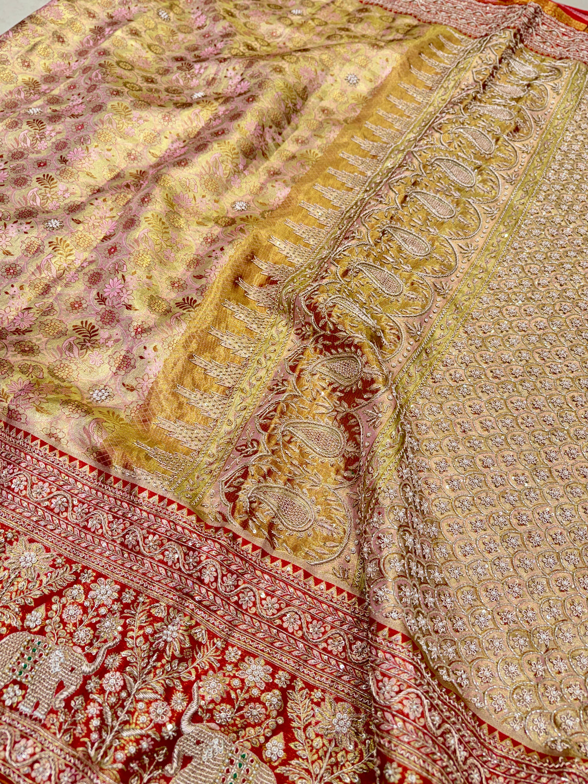 Light Pink Elephant Motif Meenakari Tissue Kanjivaram Zardosi Hand Embroidery Saree