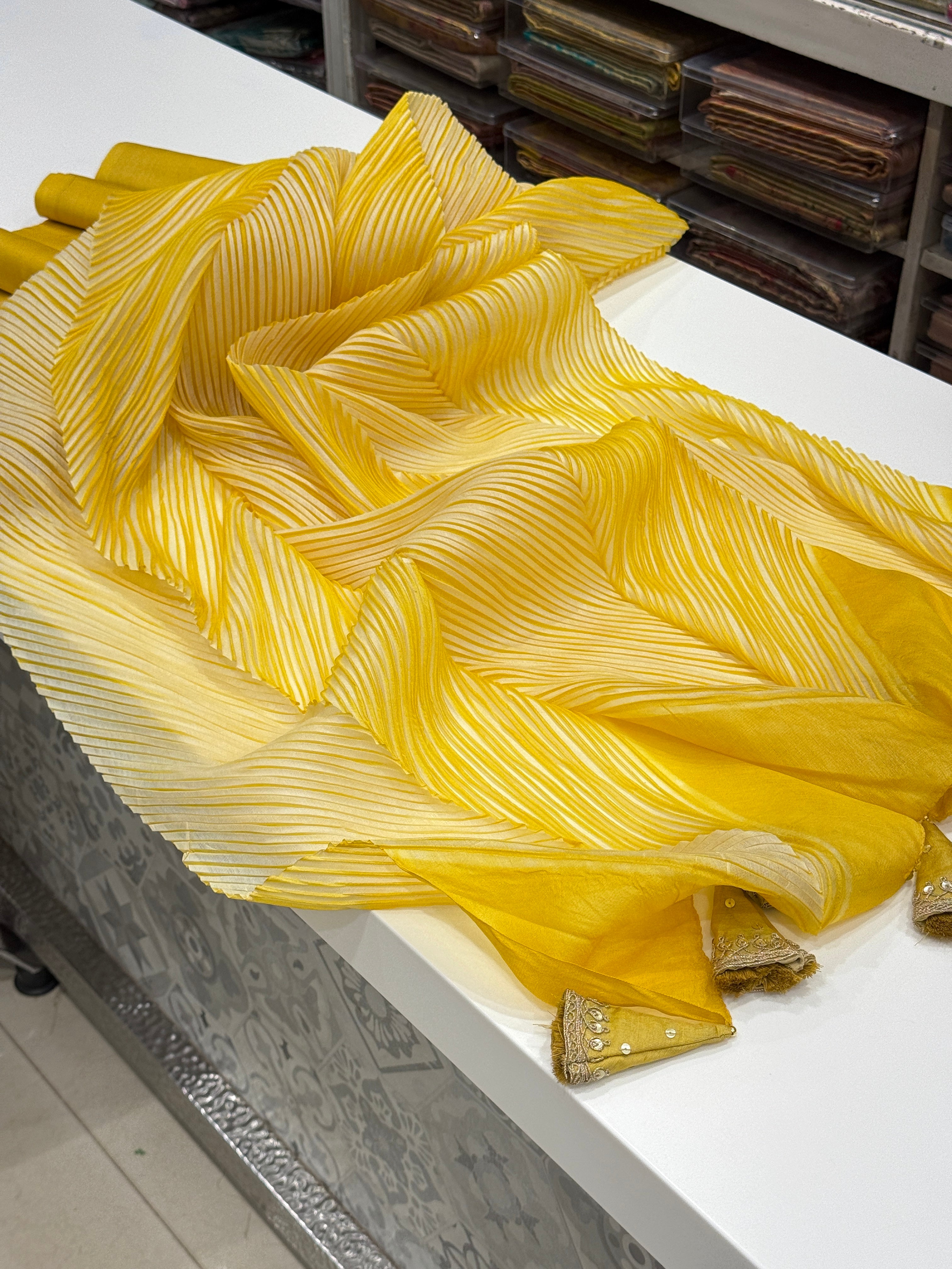 Yellow Crushed Tussor with Ready Blouse Saree