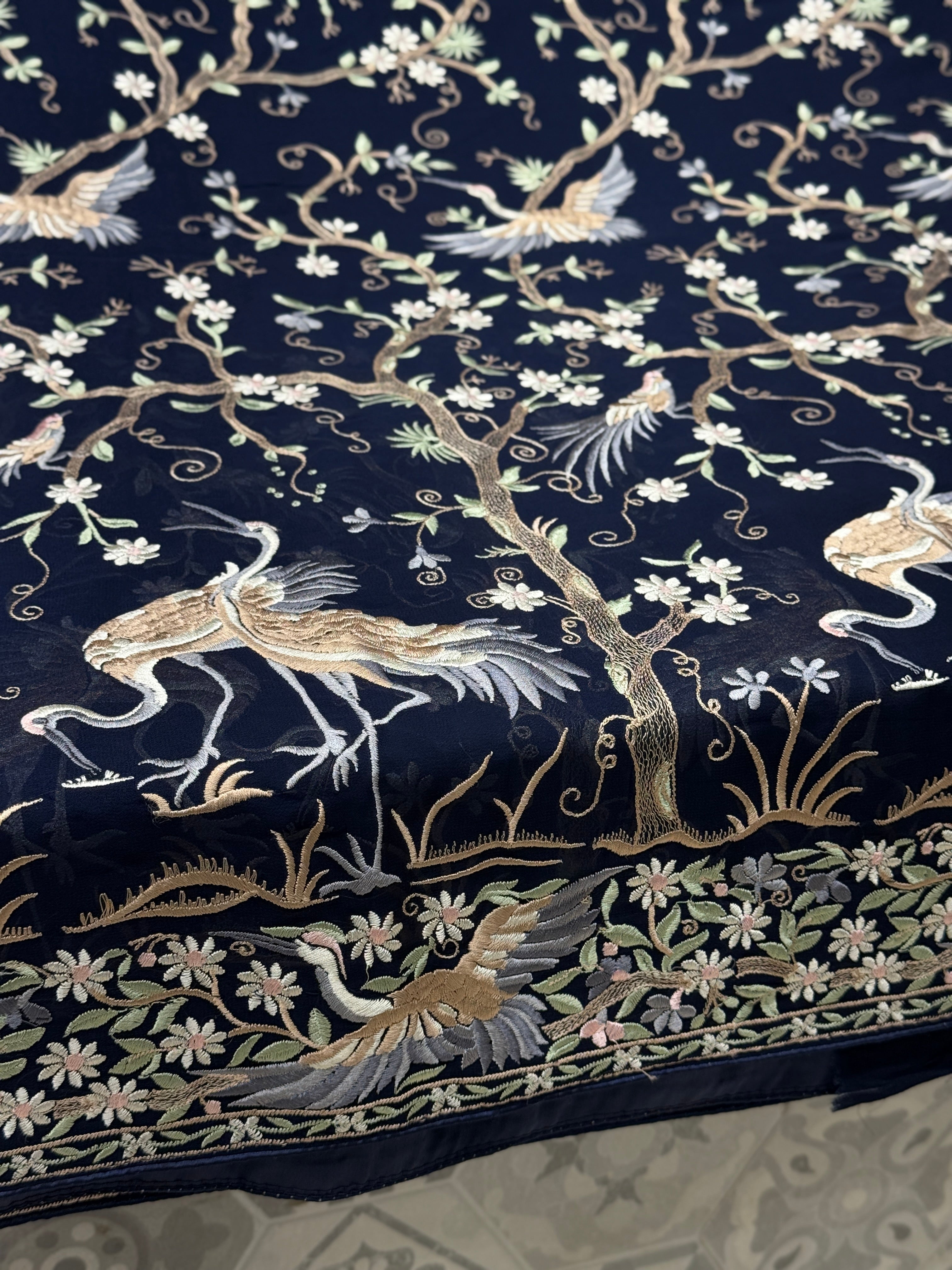Blue Tree Of Life Flamingo Parsi Gara Saree