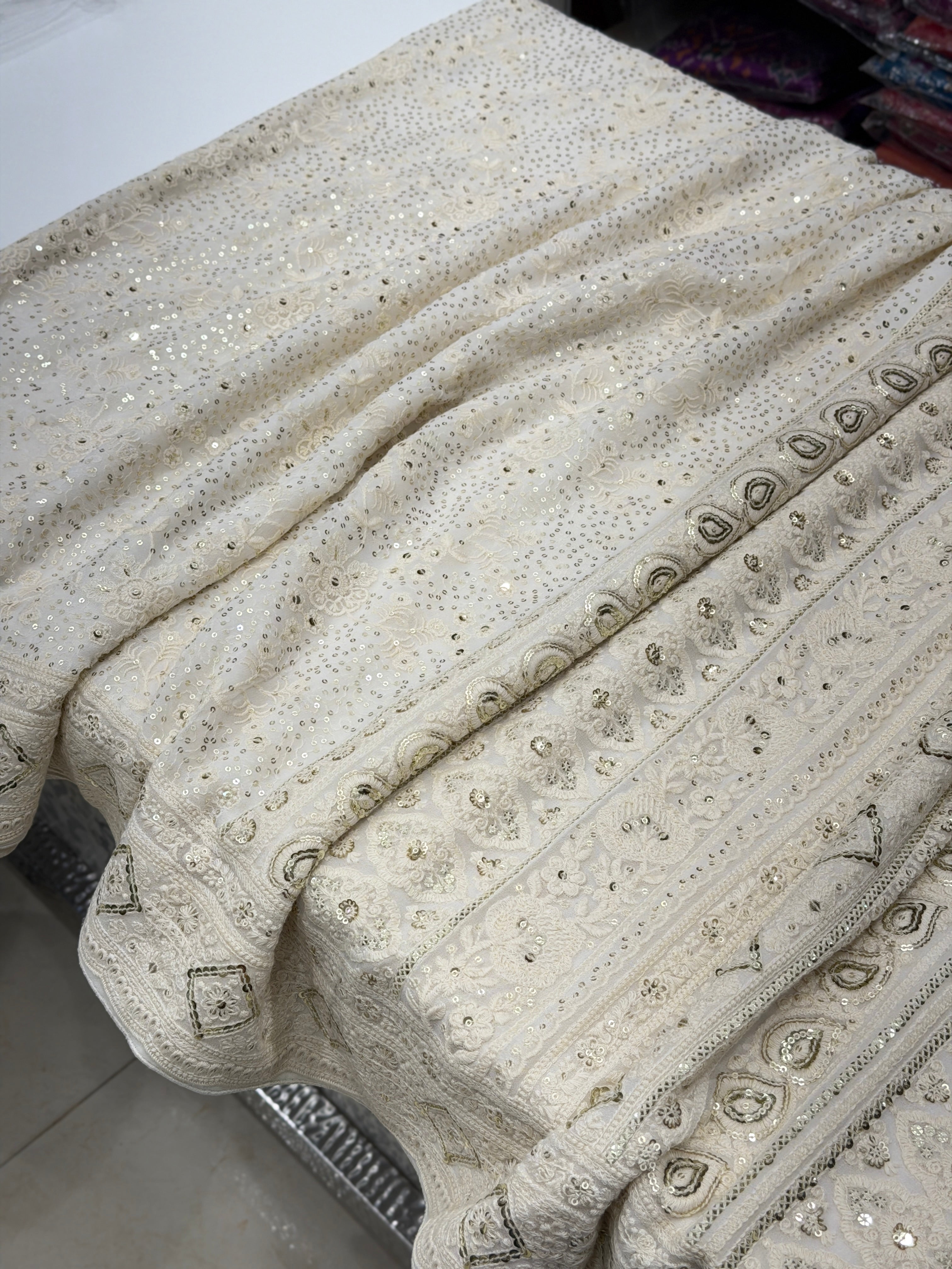 Moti White Sequin Embroidery Georgette Chikankari Resham Saree