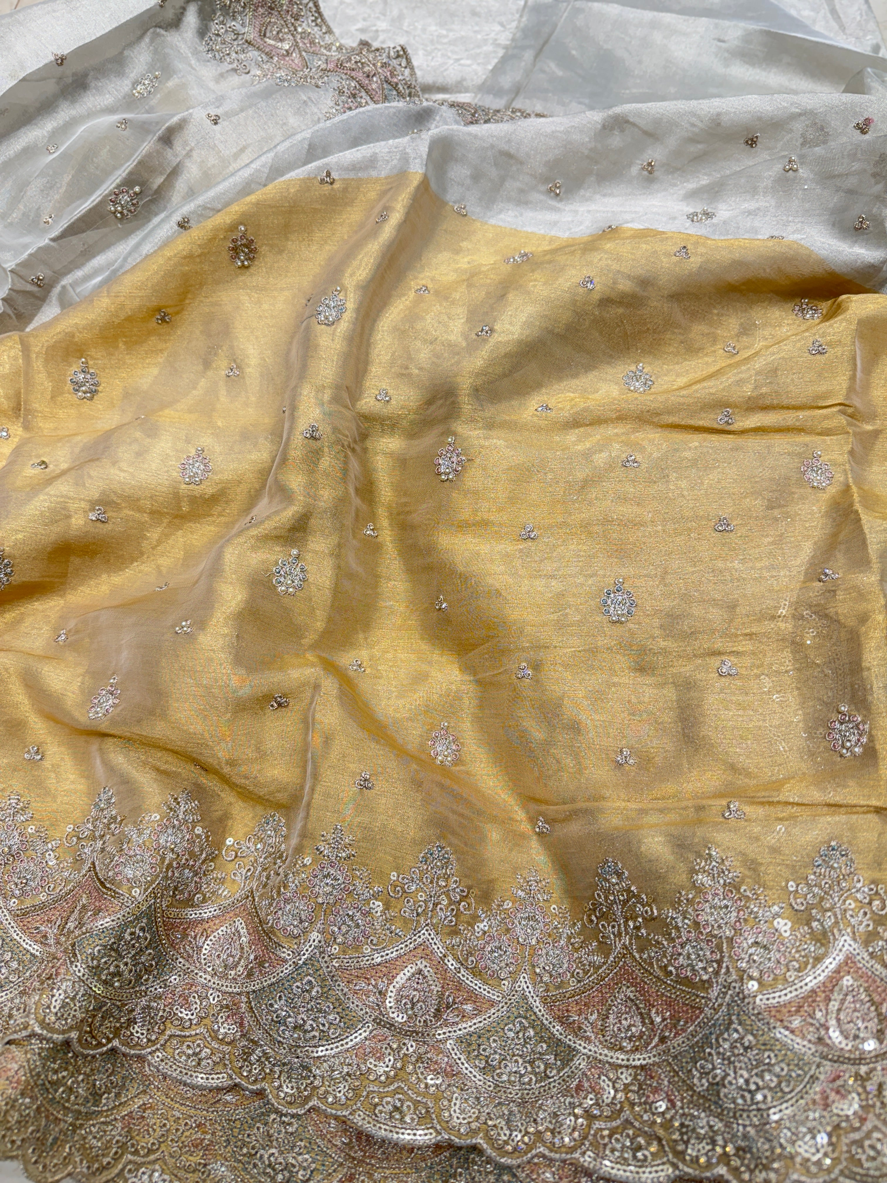 Golden Silver Soft Tissue Pita Double Scallop Embroidery Saree