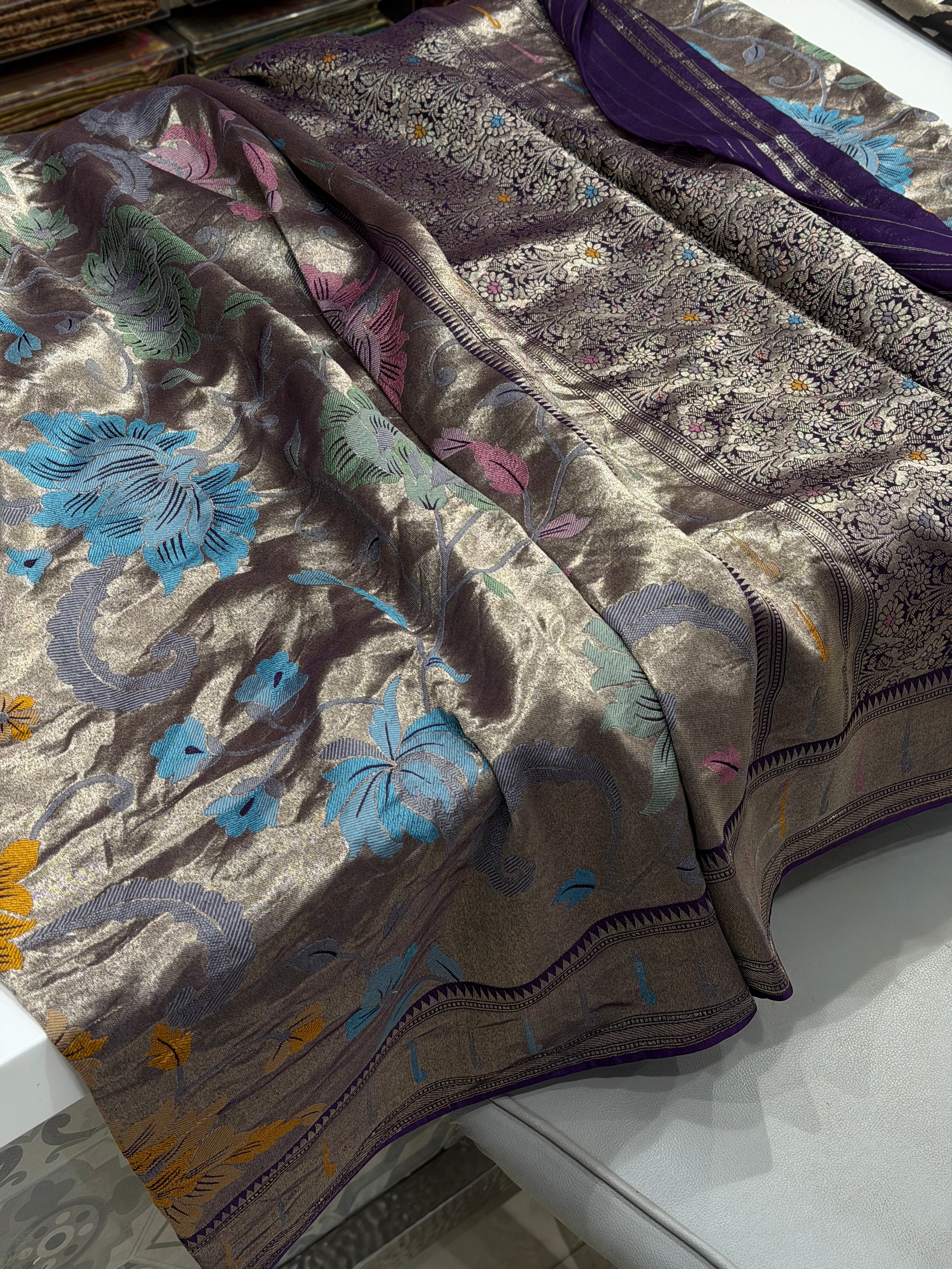 Violet Silver Meenakari Muniya Tissue Munga Banarasi Paithani Saree