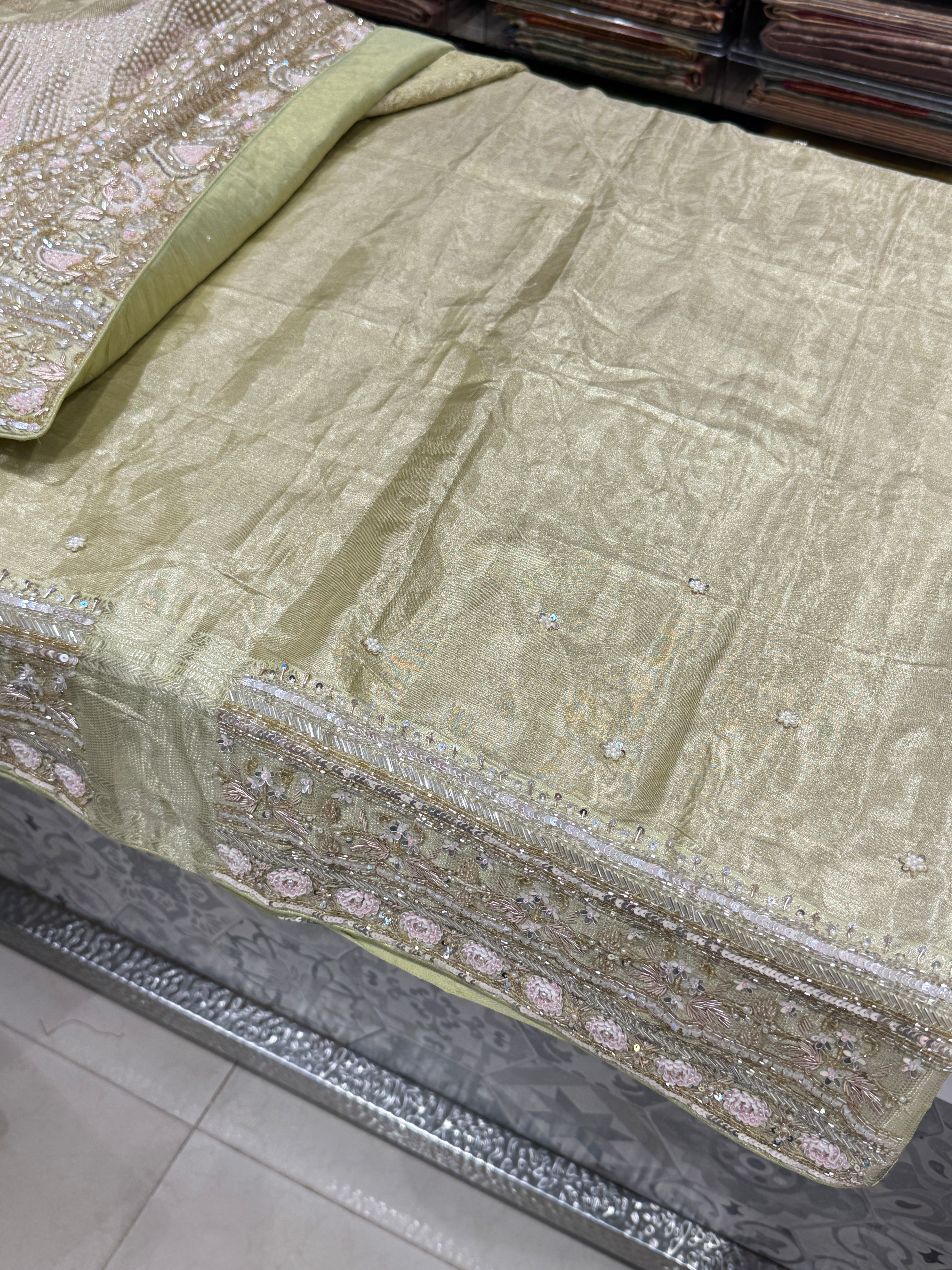 Green Contemporary Tissue Jaal Kanjivaram Hand Embroidery Saree