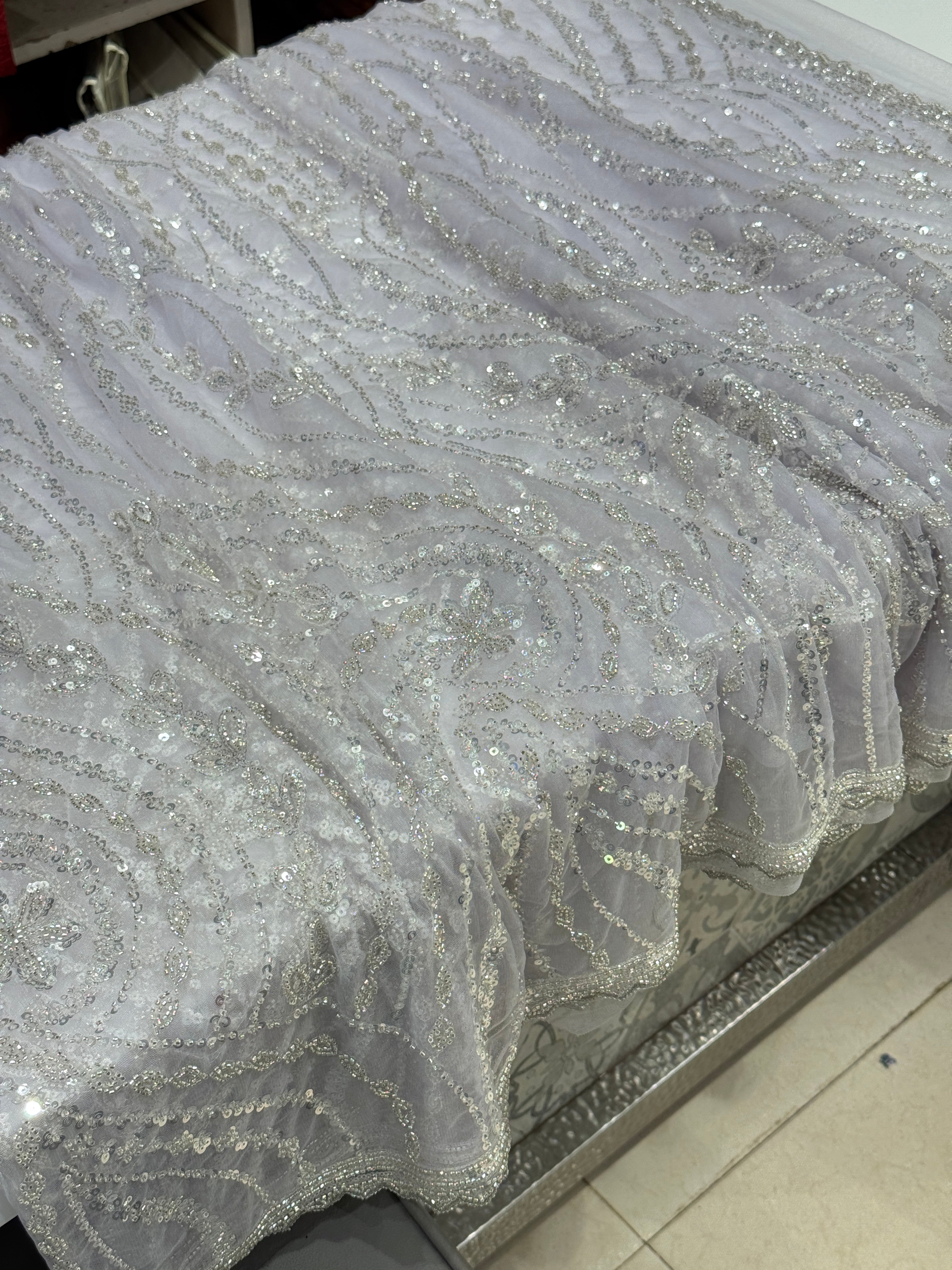 Lilac Soft Net Sequin Moti Embroidery Saree