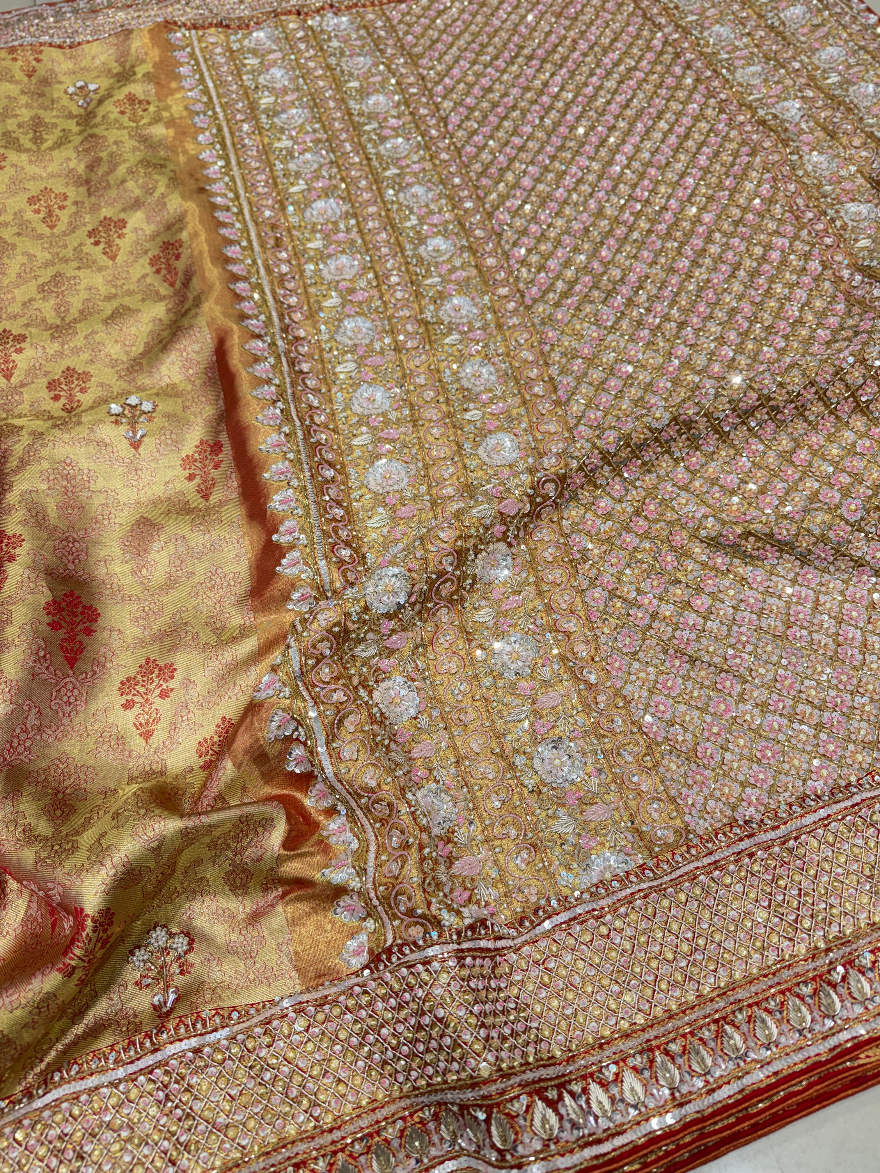 Red Jaal Tissue Kanjivaram Hand Embroidery Saree