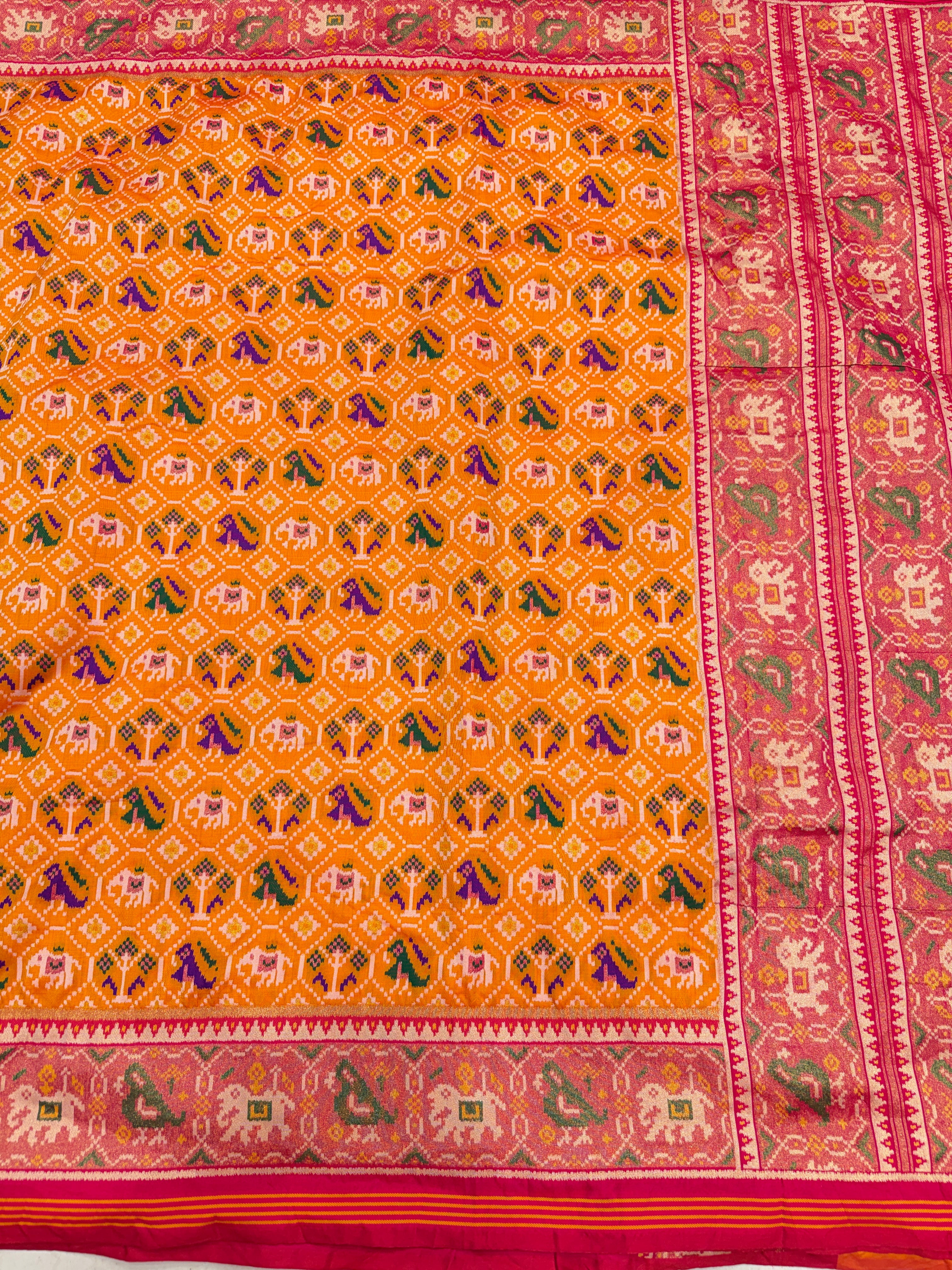 Orange Red Elephant Jaal Semi Silk Weaved Patan Patola Saree