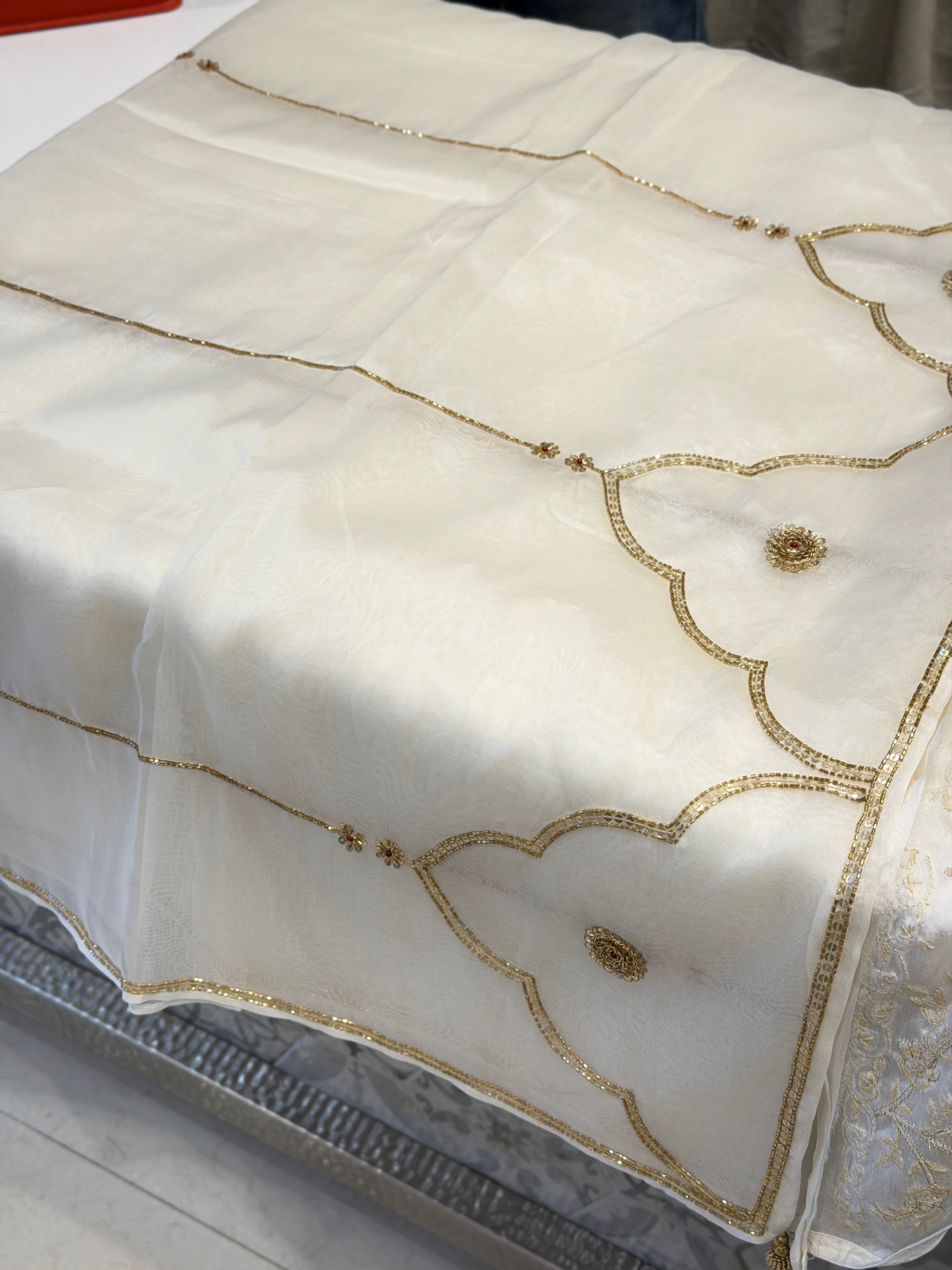White Pure Organza Raw Mango Inspired Contemporary Zardodi Moti Sequin Hand Embroidery Saree