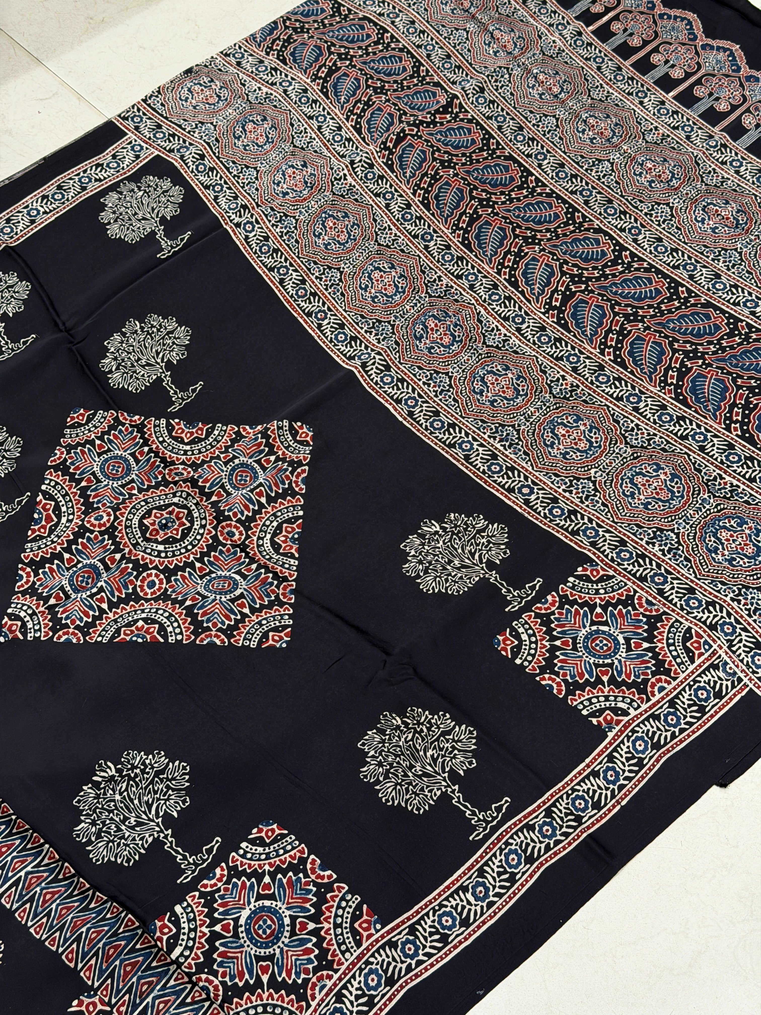 Black Contemporary Butta Ajrakh Hand Block Print Pure Modal Silk Saree
