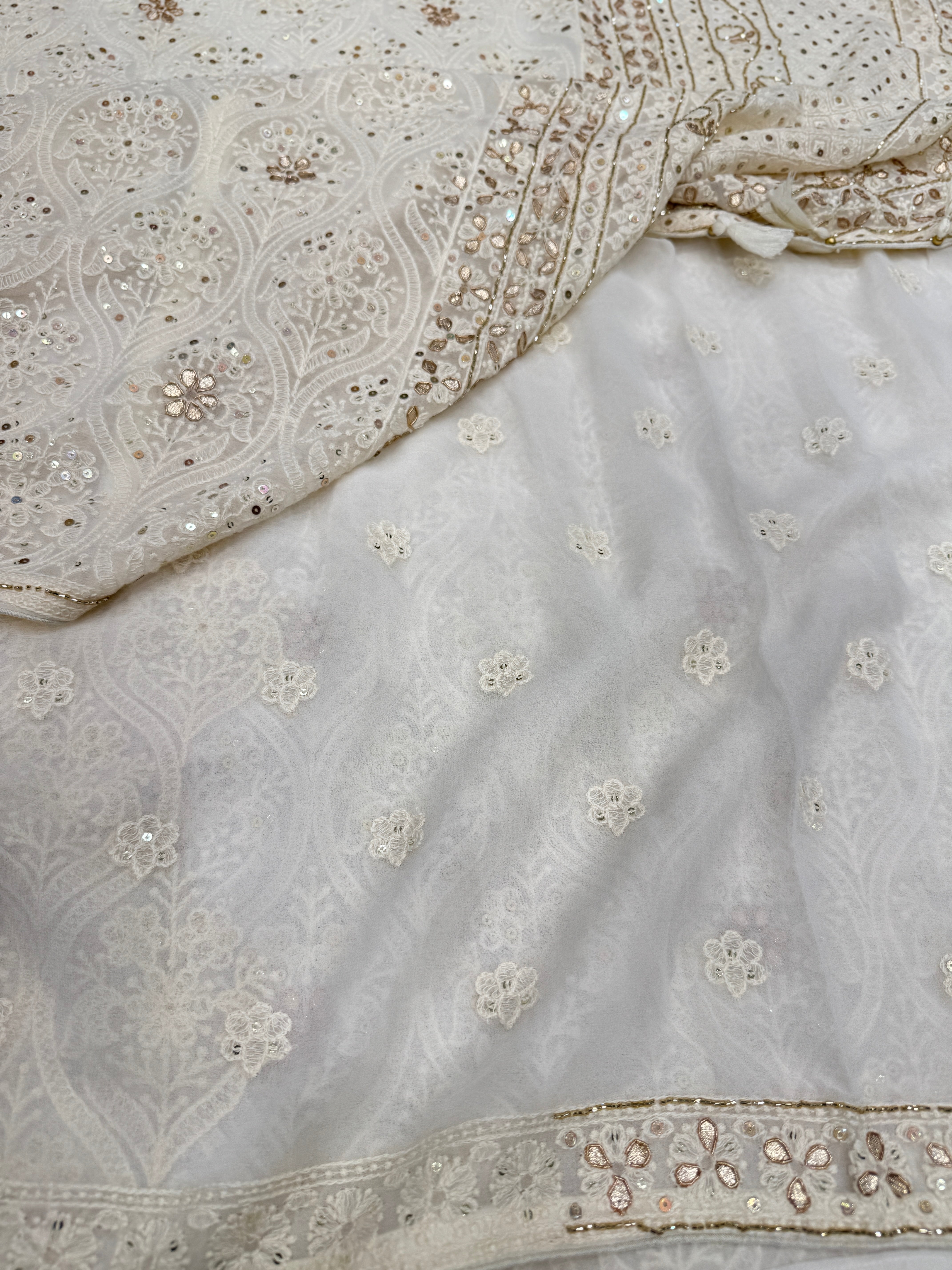 White Chikankari Badam Design on Georgette with Cutdana Hand Embroidery